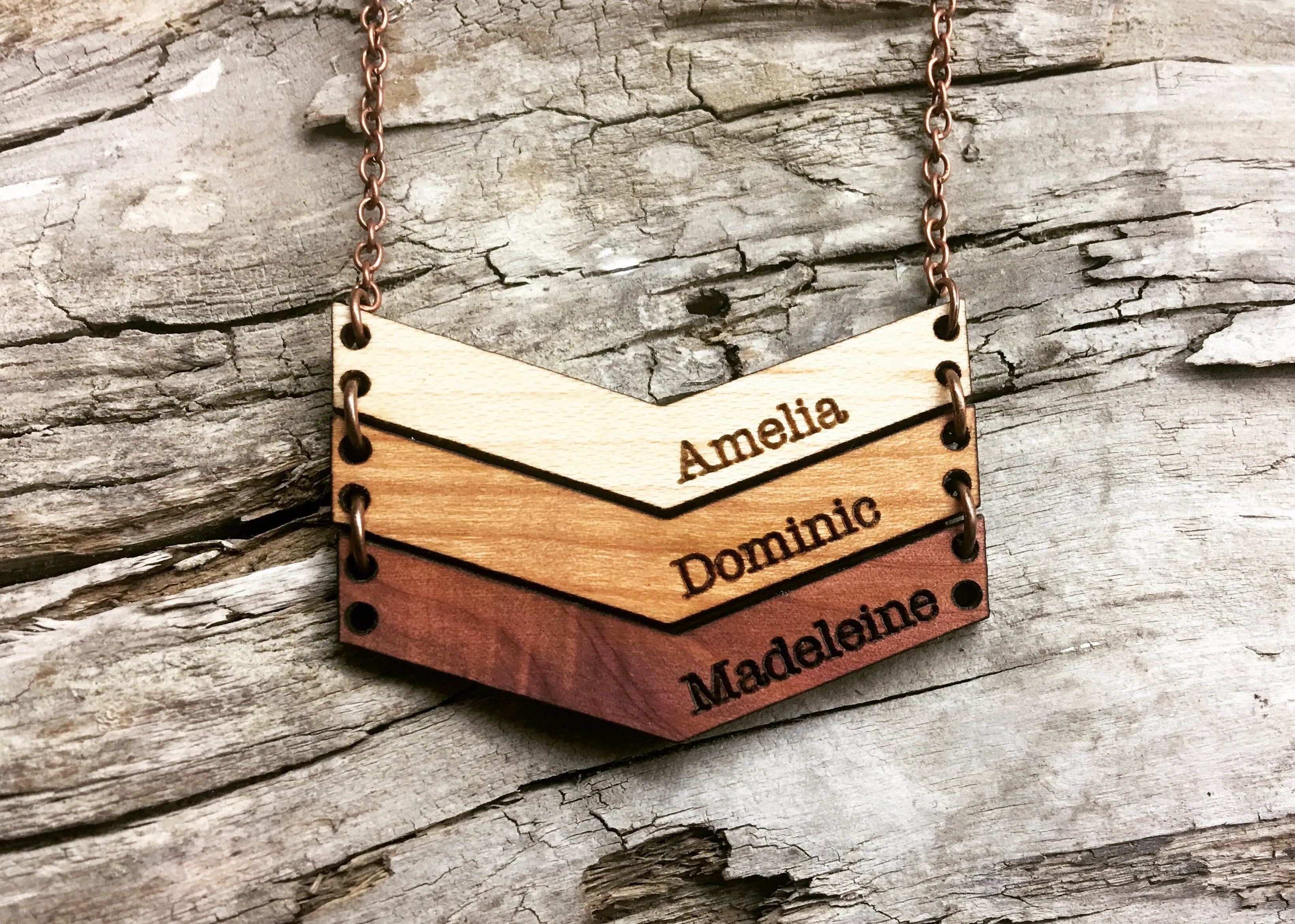 Mama Chevron Wood Engraved Name Necklace