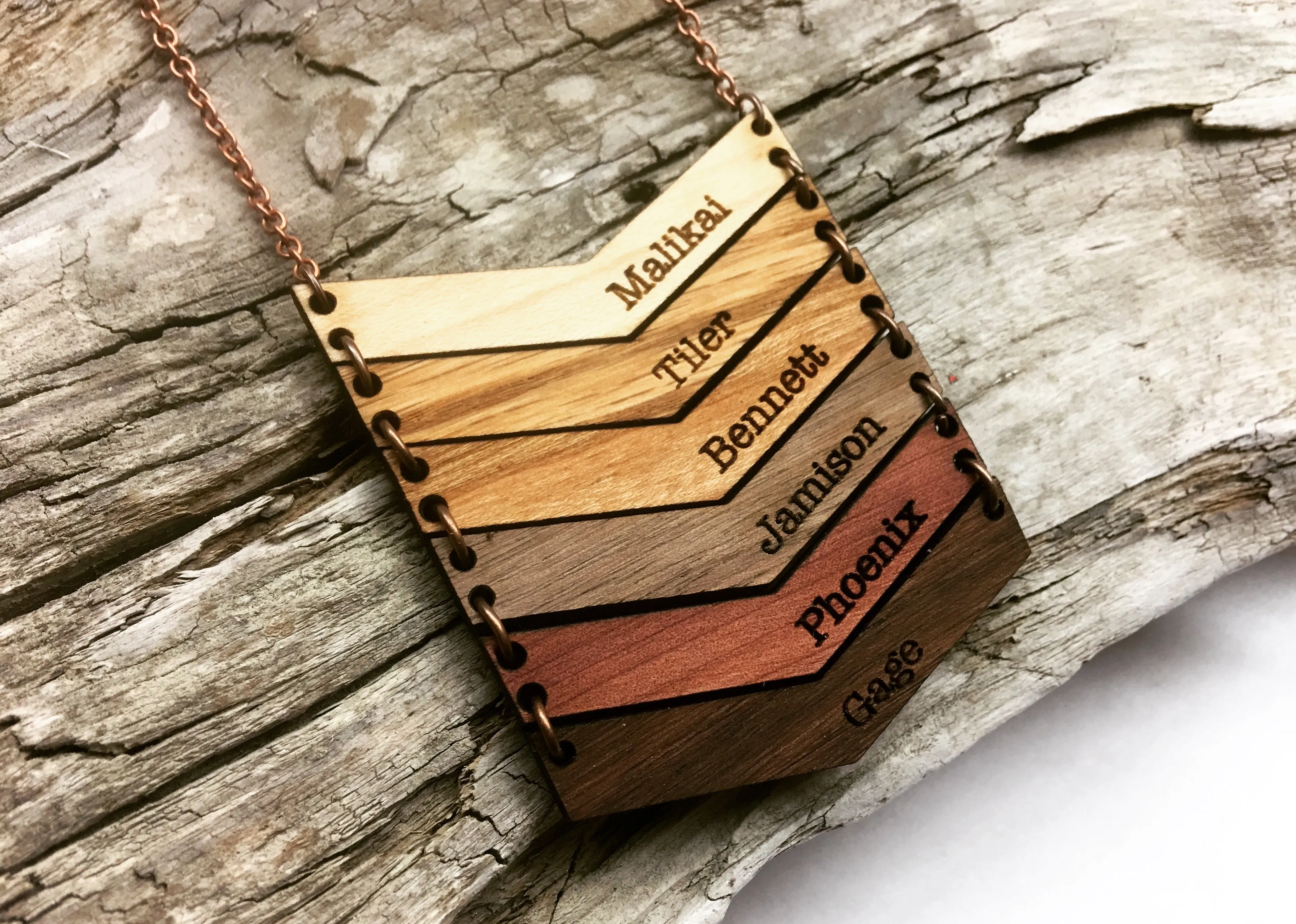 Mama Chevron Wood Engraved Name Necklace
