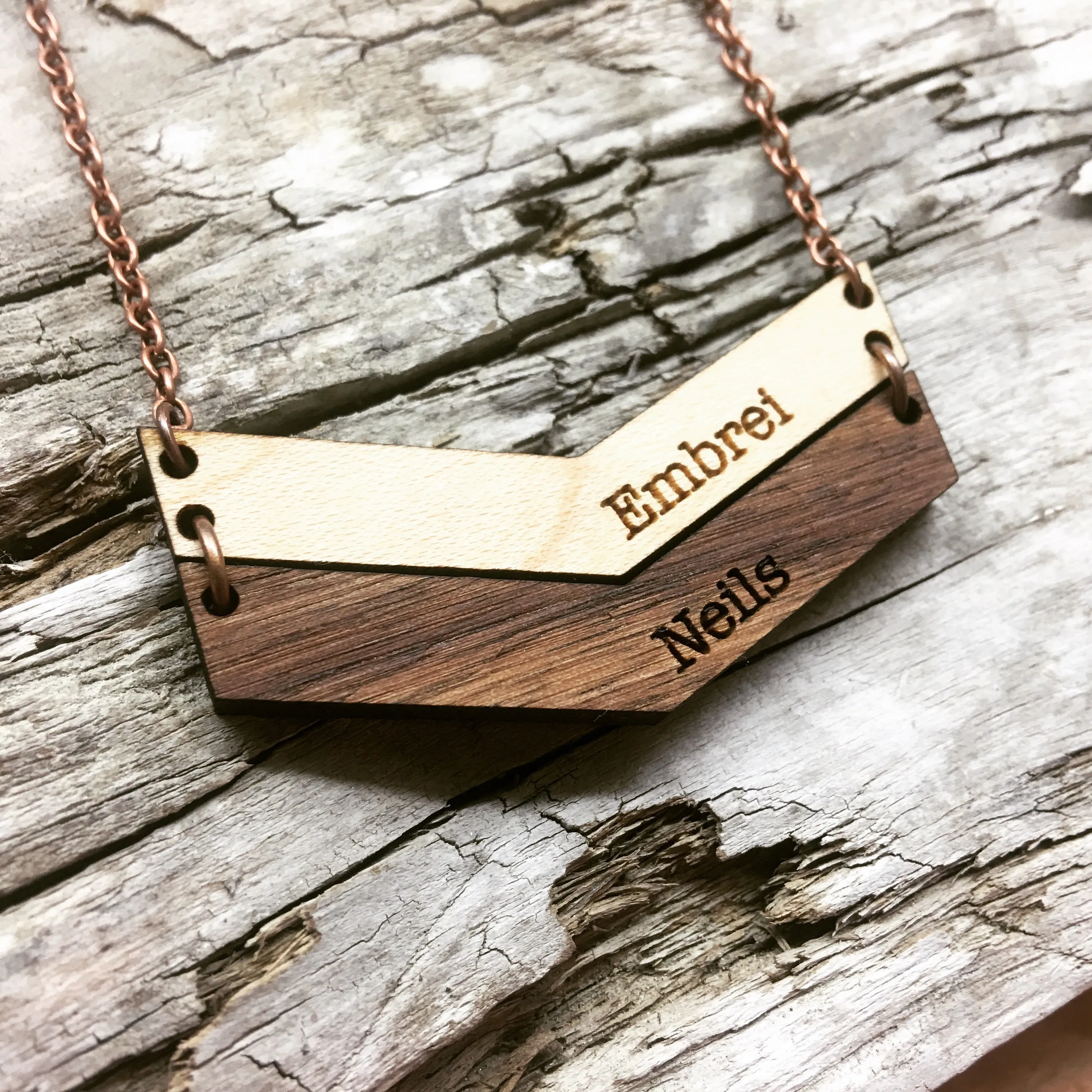 Mama Chevron Wood Engraved Name Necklace