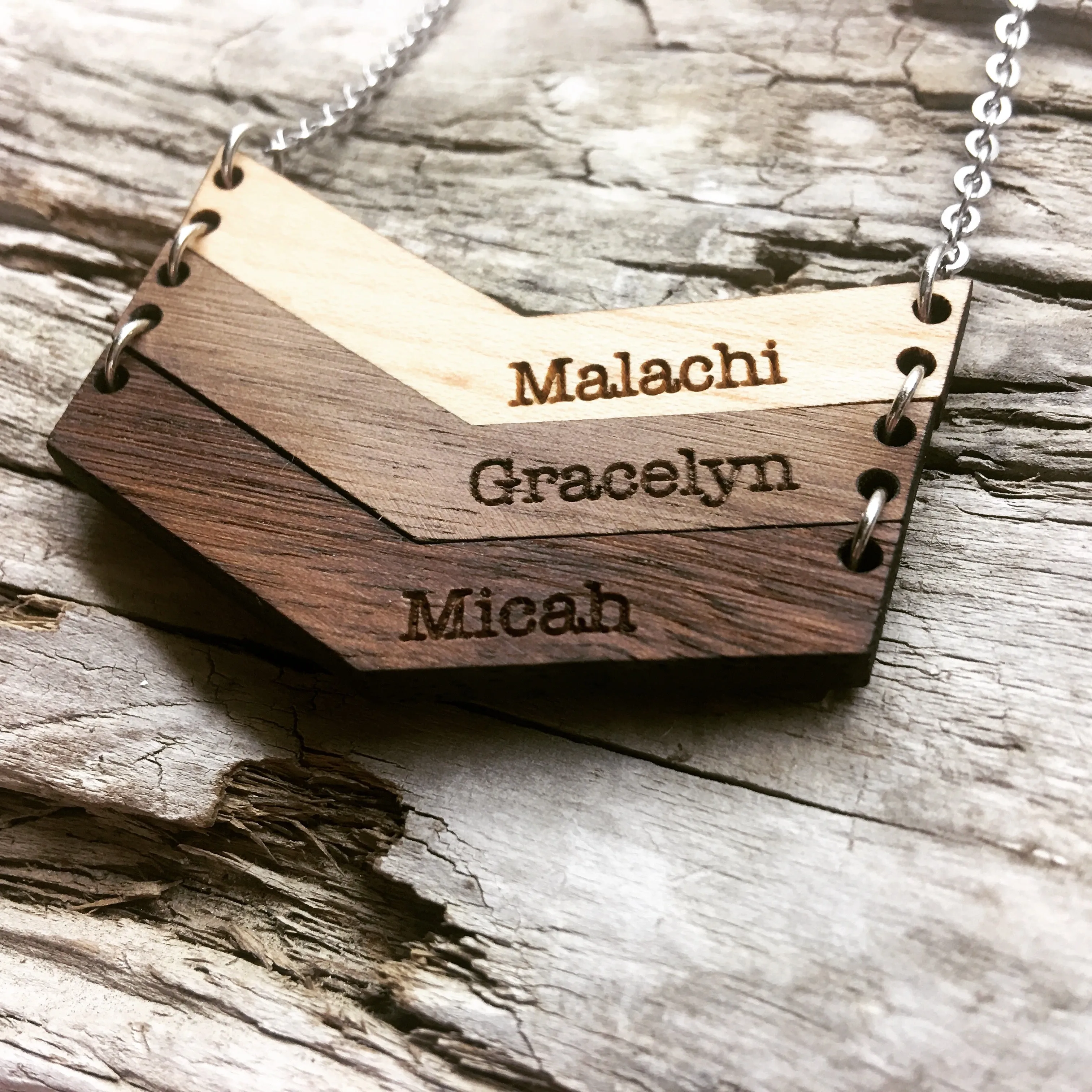 Mama Chevron Wood Engraved Name Necklace