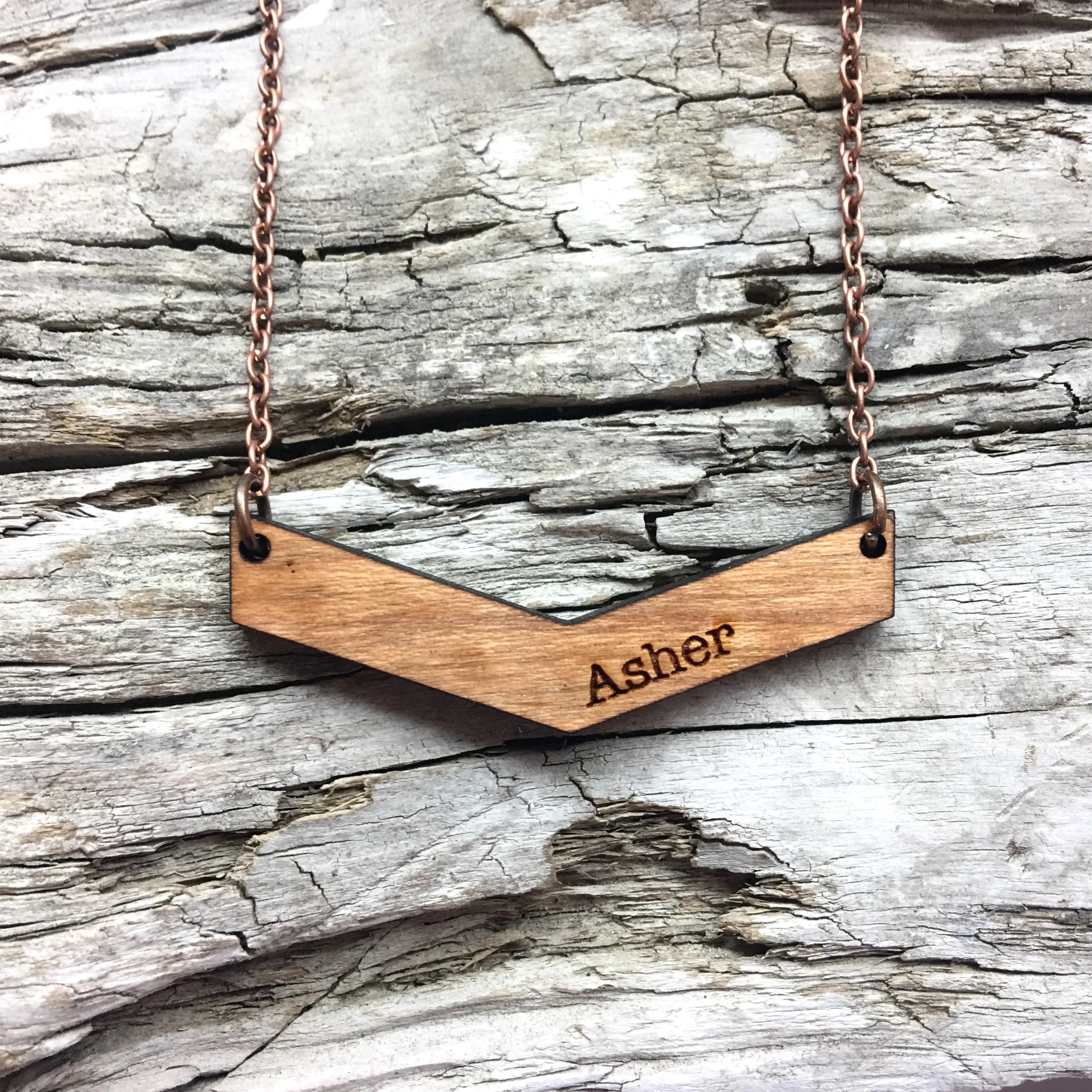 Mama Chevron Wood Engraved Name Necklace