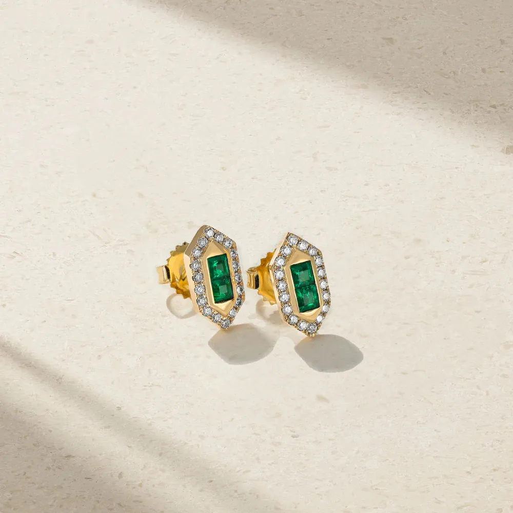 Mark Henry 18k Yellow Gold Pair of Pharaoh Emerald and Diamond Stud Earrings