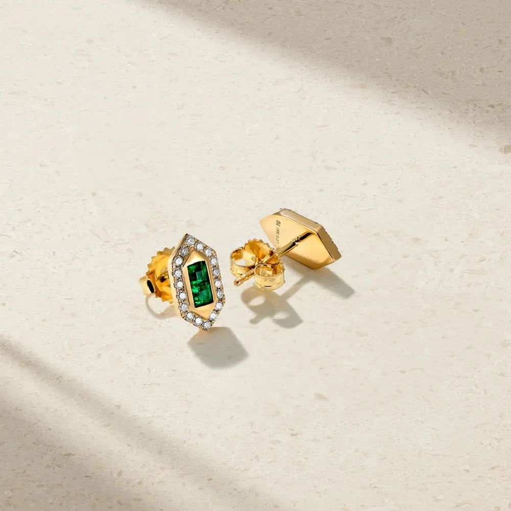 Mark Henry 18k Yellow Gold Pair of Pharaoh Emerald and Diamond Stud Earrings