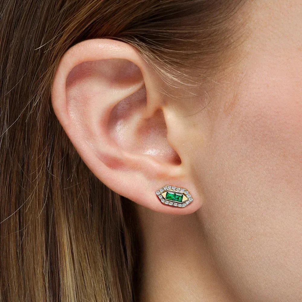 Mark Henry 18k Yellow Gold Pair of Pharaoh Emerald and Diamond Stud Earrings