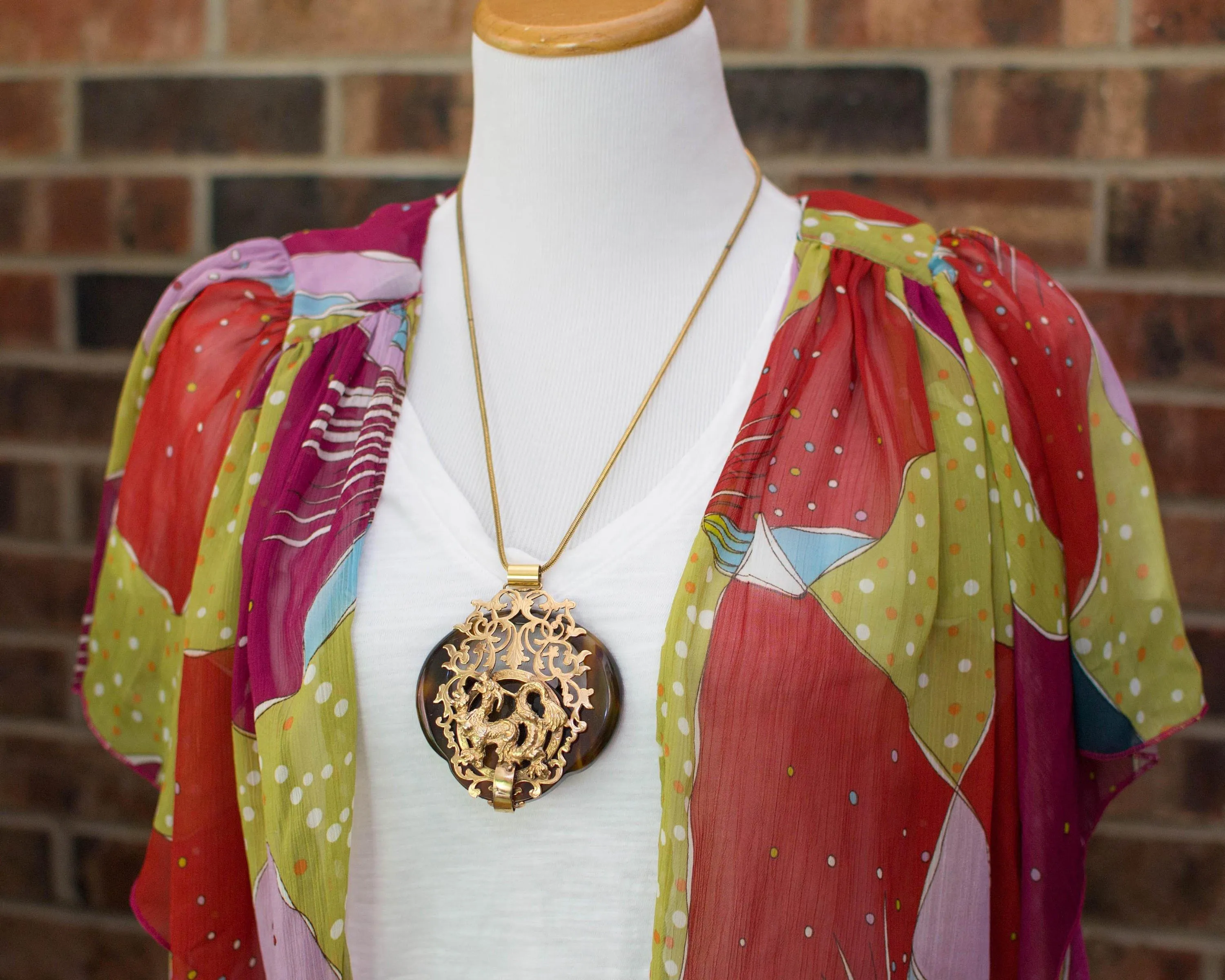 Massive Chinese Dragon and Tortoise Statement Necklace, Long Pendant
