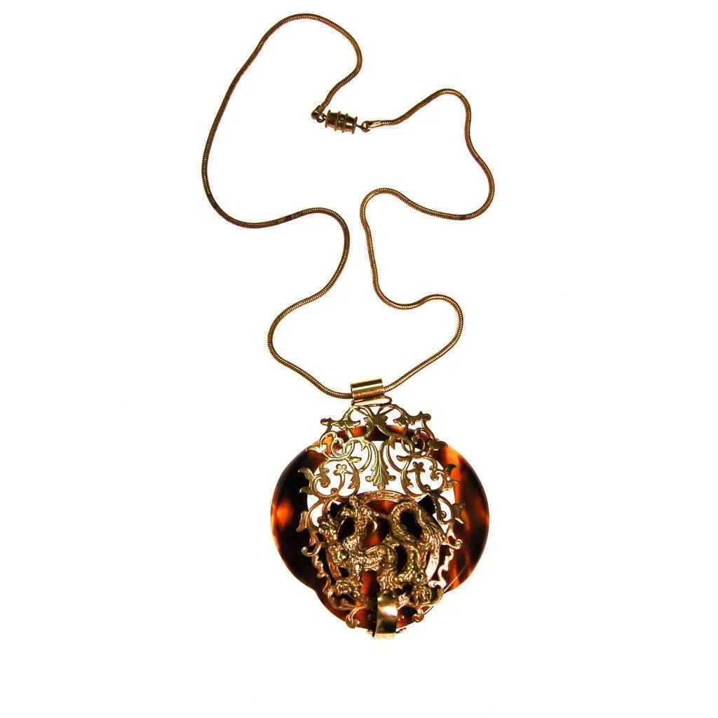 Massive Chinese Dragon and Tortoise Statement Necklace, Long Pendant