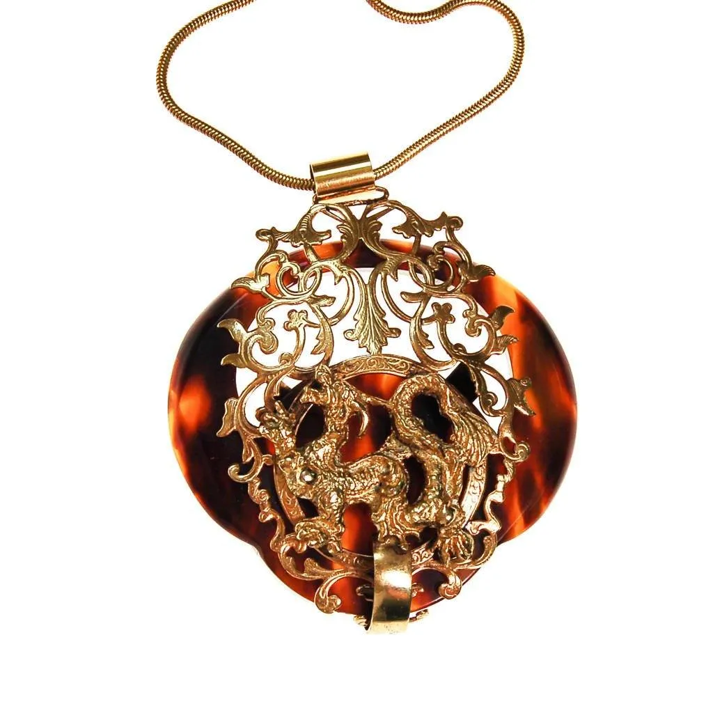 Massive Chinese Dragon and Tortoise Statement Necklace, Long Pendant