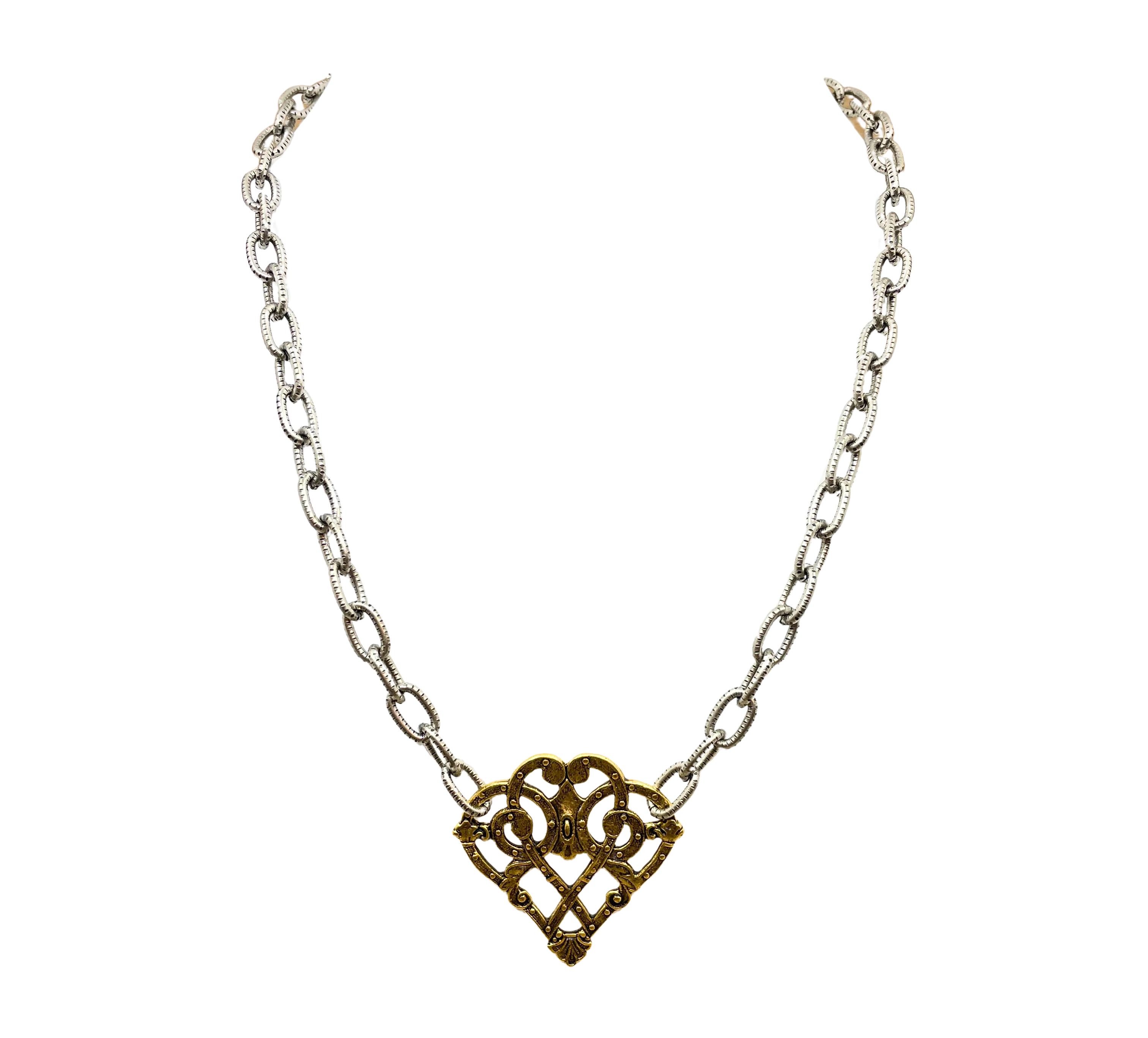 Mixed Metal Sterling and Gold Plated 18" Chain with Vintage Reproduction Scroll Heart