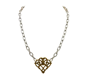 Mixed Metal Sterling and Gold Plated 18" Chain with Vintage Reproduction Scroll Heart