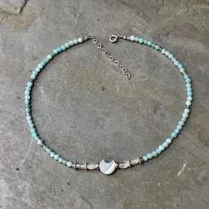 Mother of pearl moon with amazonite, moonstones, and apatite sterling silver Choker