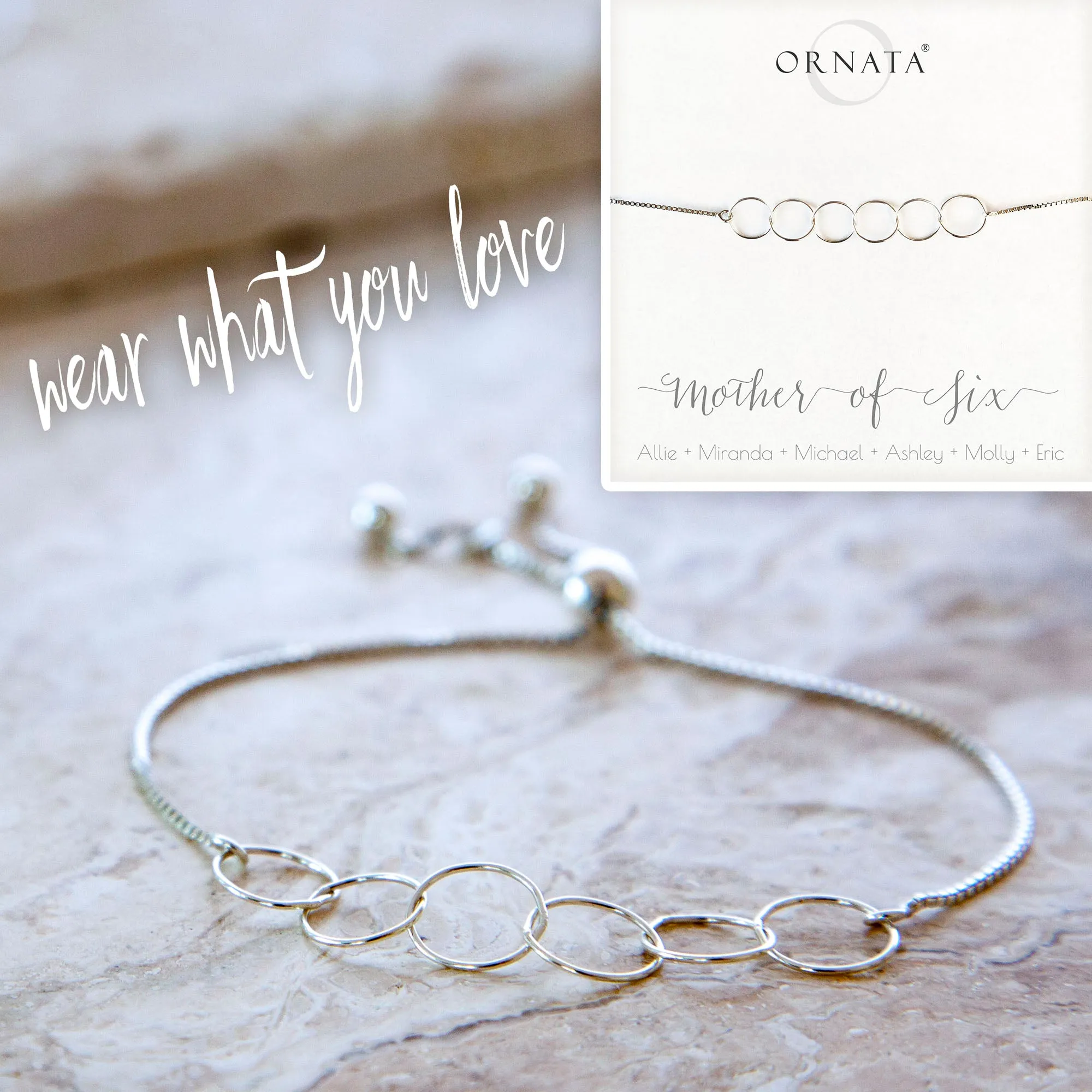 “Mother of Six” Sterling Silver Bolo Bracelet on Personalized Jewelry Card