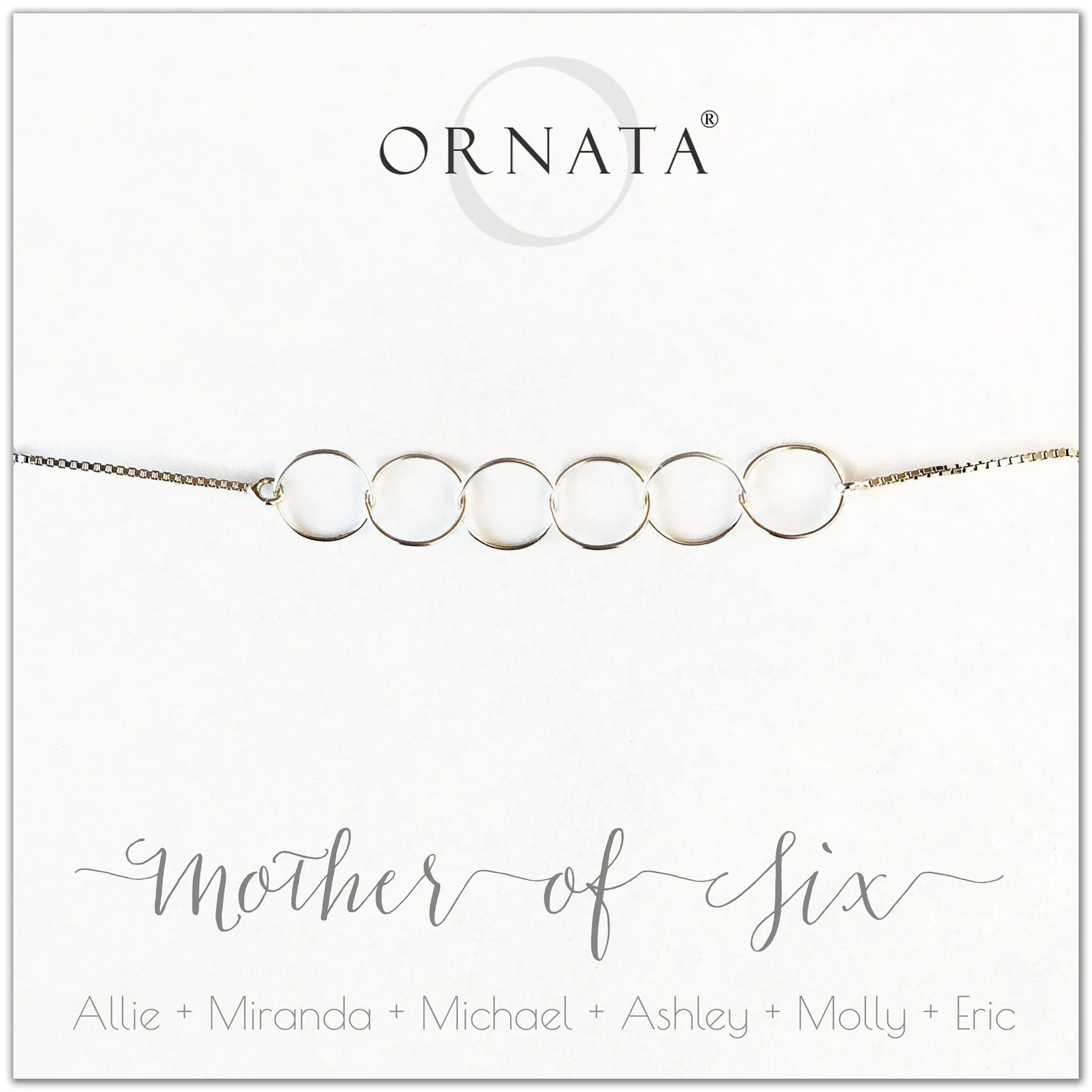 “Mother of Six” Sterling Silver Bolo Bracelet on Personalized Jewelry Card