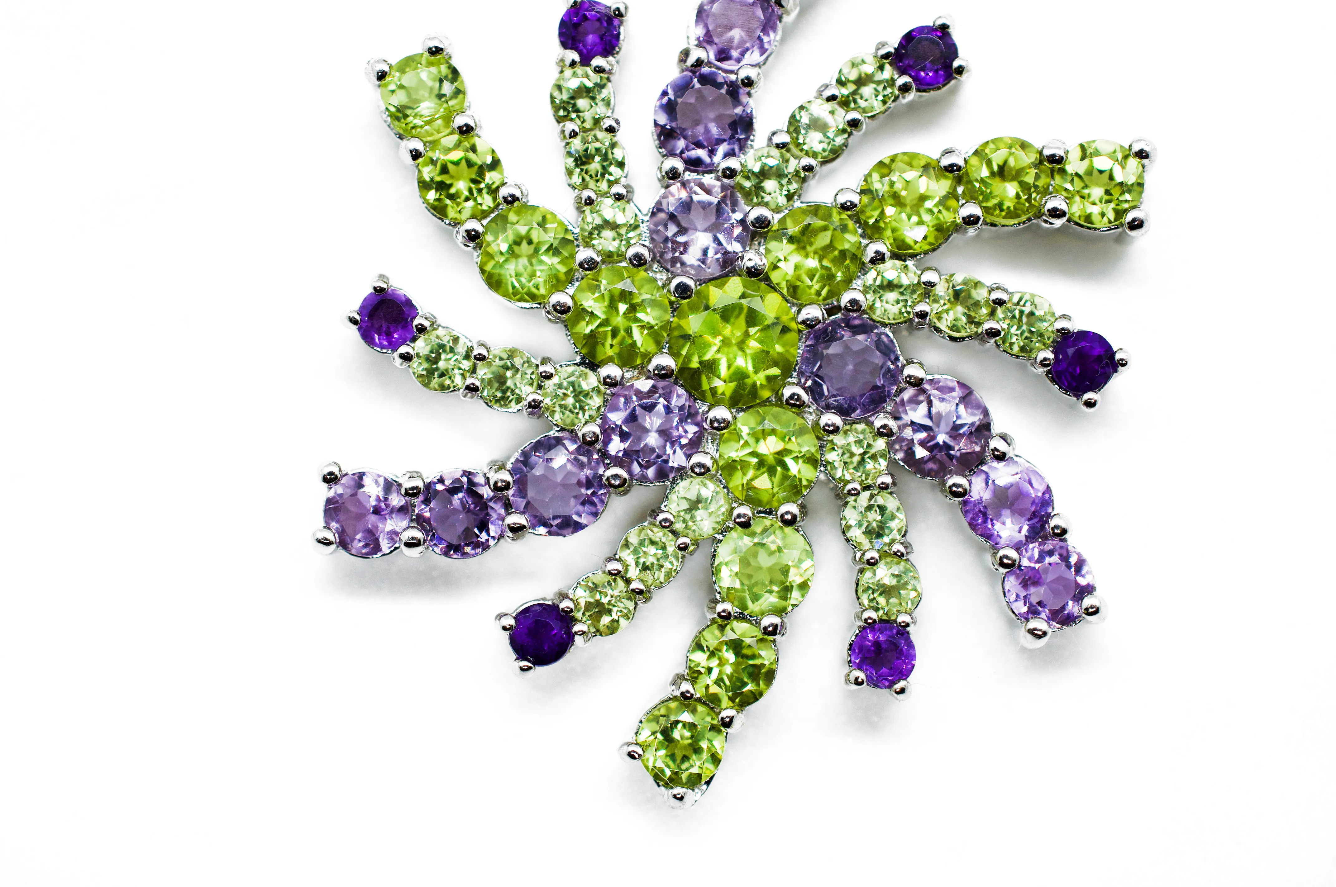 Mt. Agassiz Green Peridot & Purple Snowflake Mandala Silver Necklace