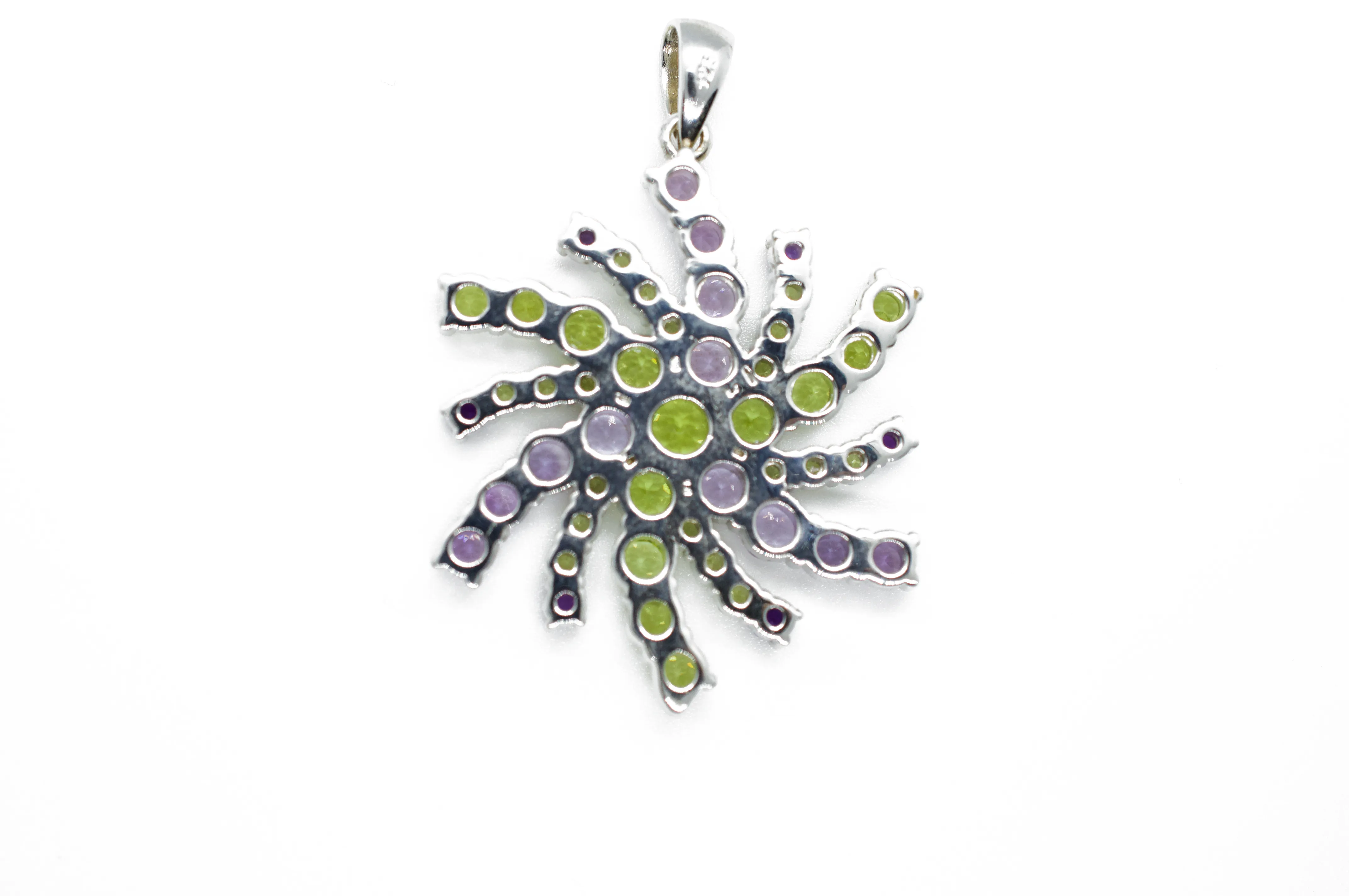 Mt. Agassiz Green Peridot & Purple Snowflake Mandala Silver Necklace