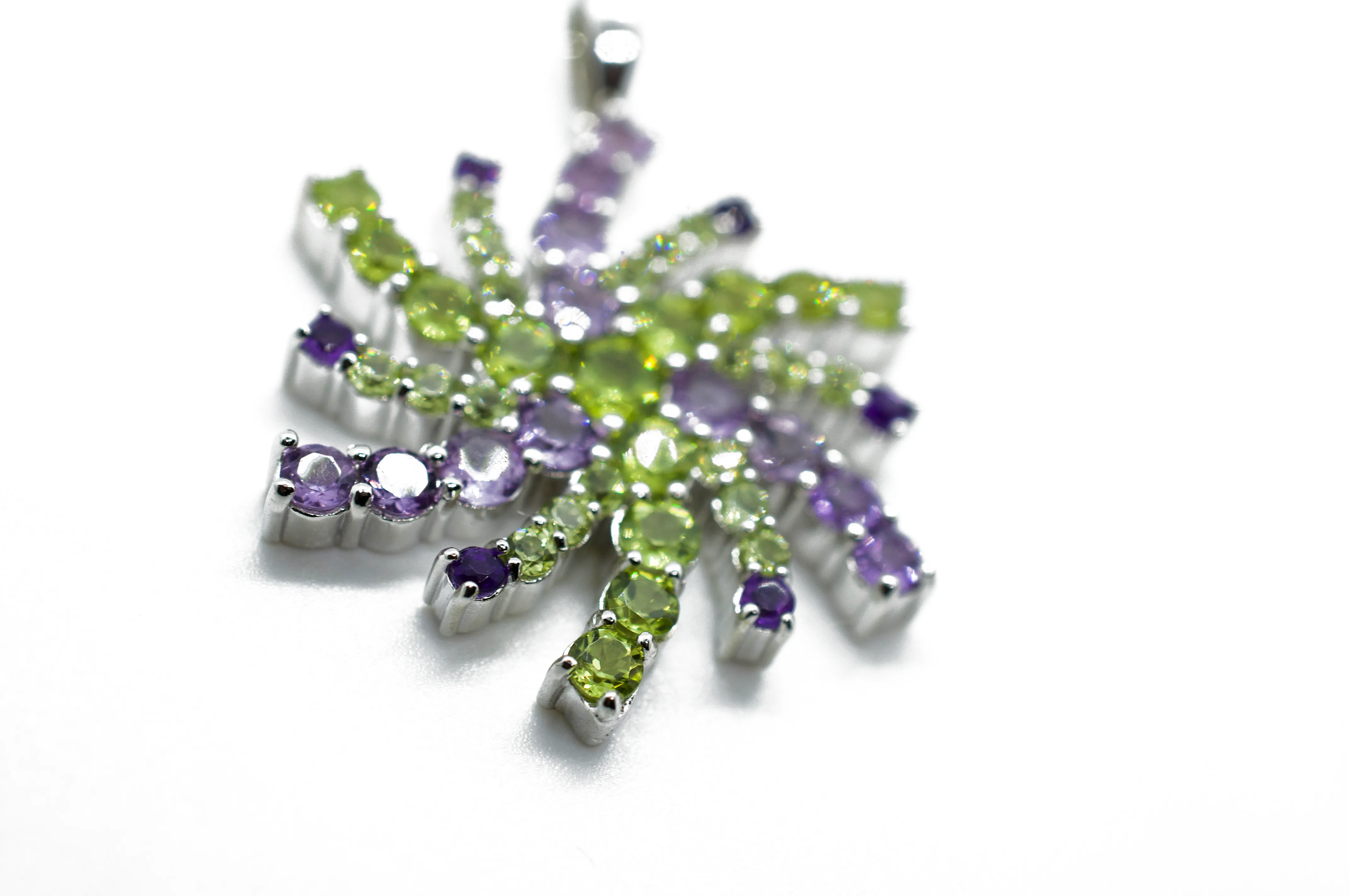 Mt. Agassiz Green Peridot & Purple Snowflake Mandala Silver Necklace