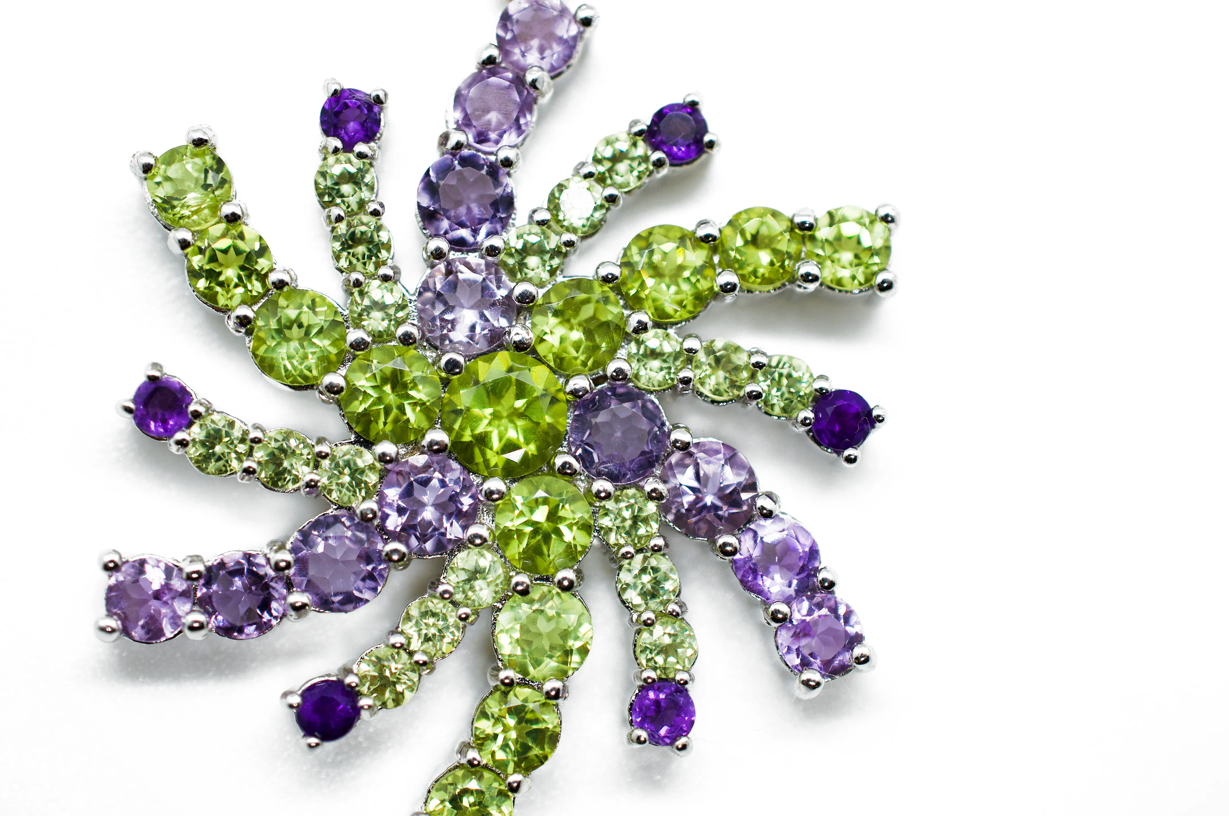 Mt. Agassiz Green Peridot & Purple Snowflake Mandala Silver Necklace