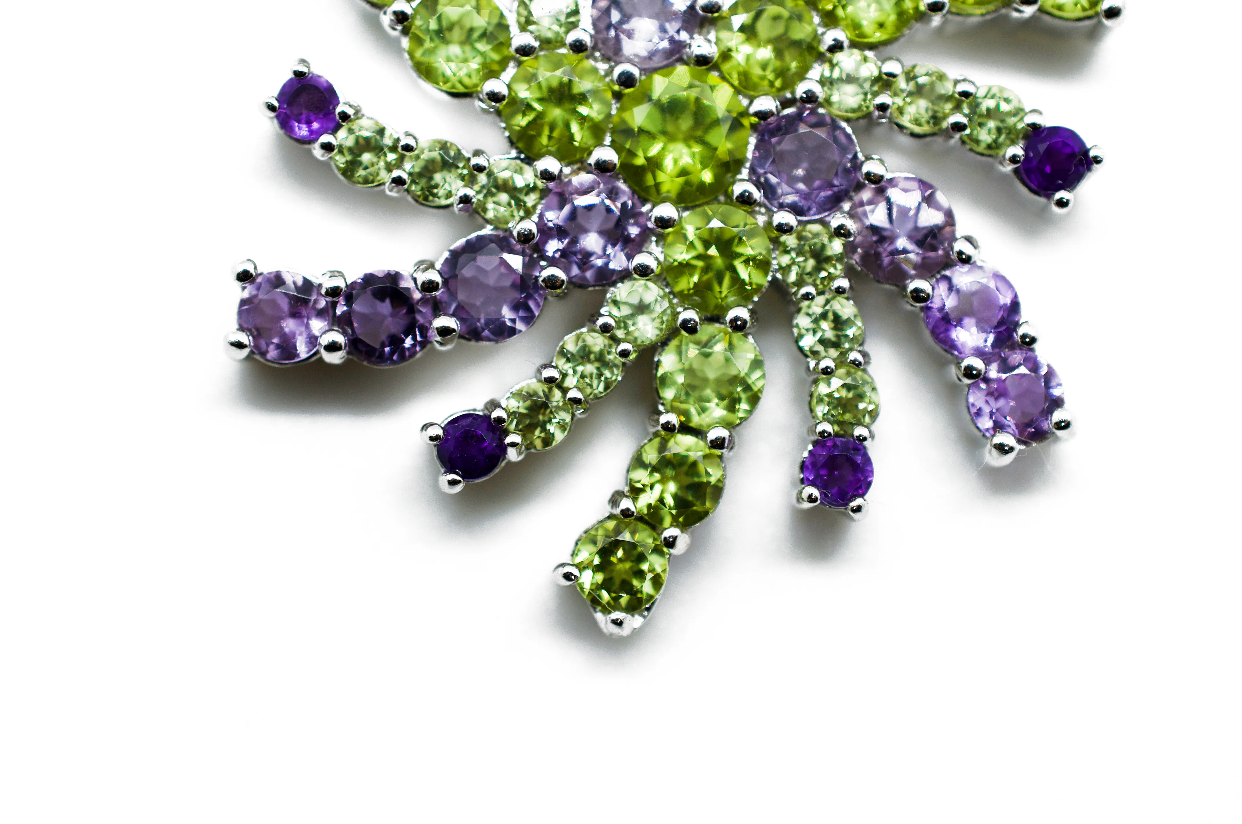 Mt. Agassiz Green Peridot & Purple Snowflake Mandala Silver Necklace