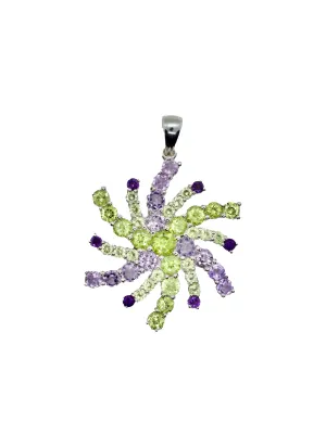 Mt. Agassiz Green Peridot & Purple Snowflake Mandala Silver Necklace