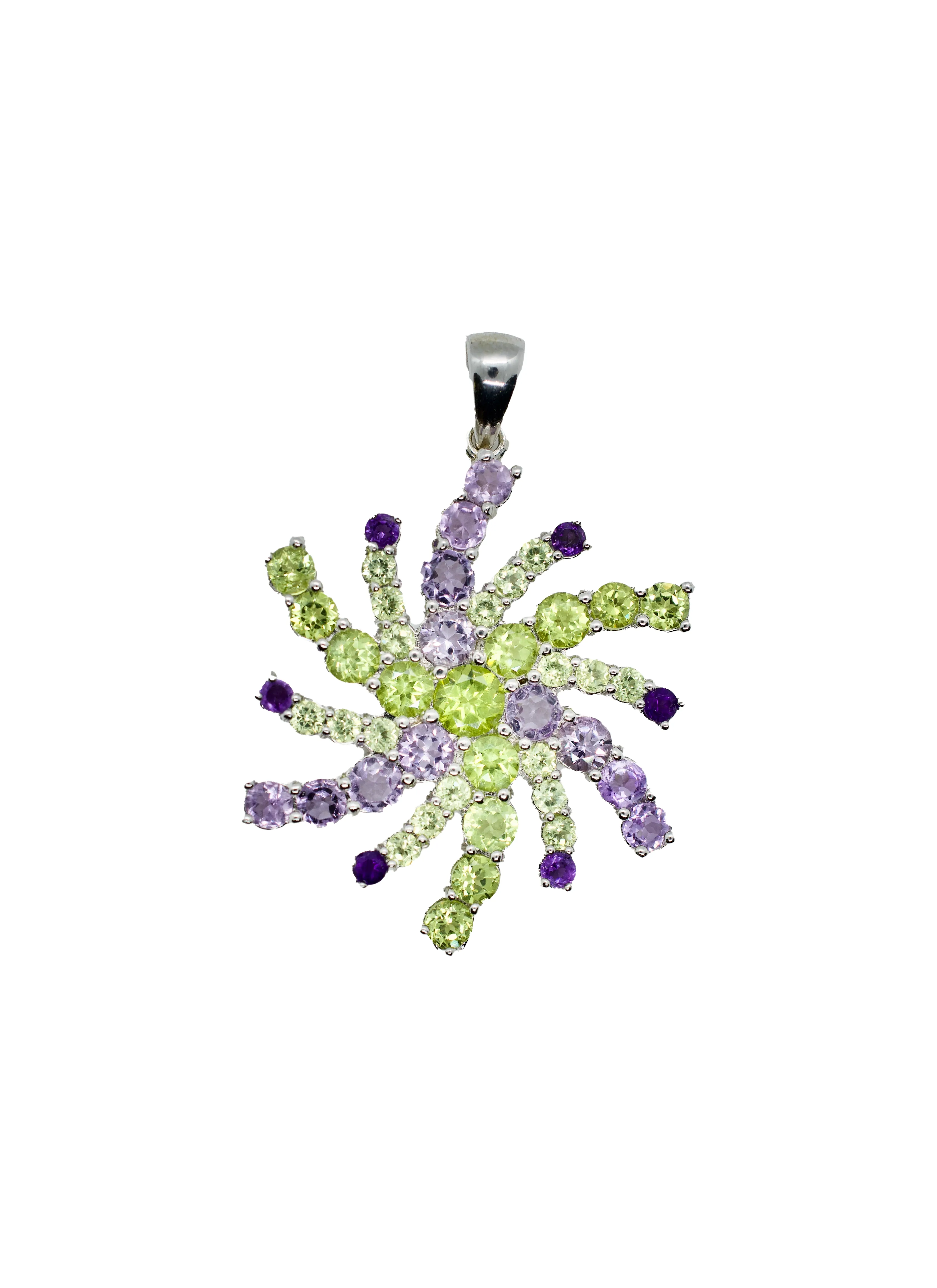 Mt. Agassiz Green Peridot & Purple Snowflake Mandala Silver Necklace