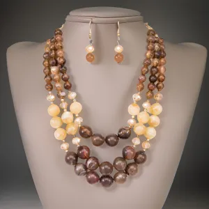 Multi-Brown Layered Beaded Necklace & Earring Set