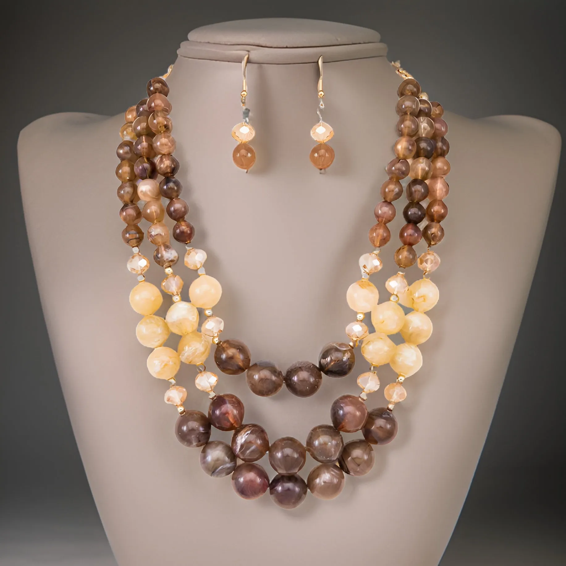 Multi-Brown Layered Beaded Necklace & Earring Set