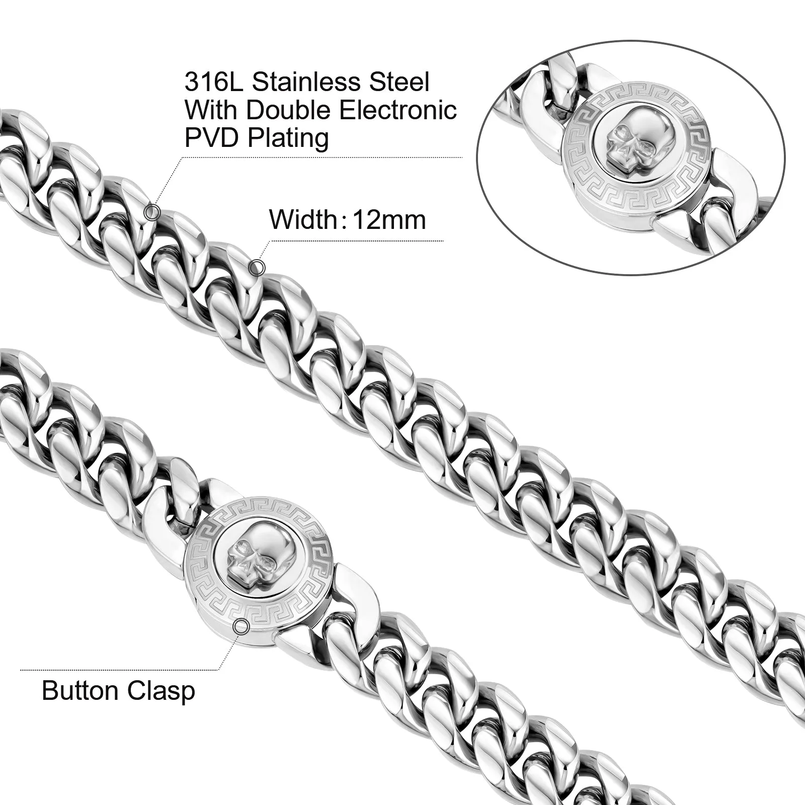 【NEW】12mm Miami Cuban Link Bracelet with SKULL Button Clasp