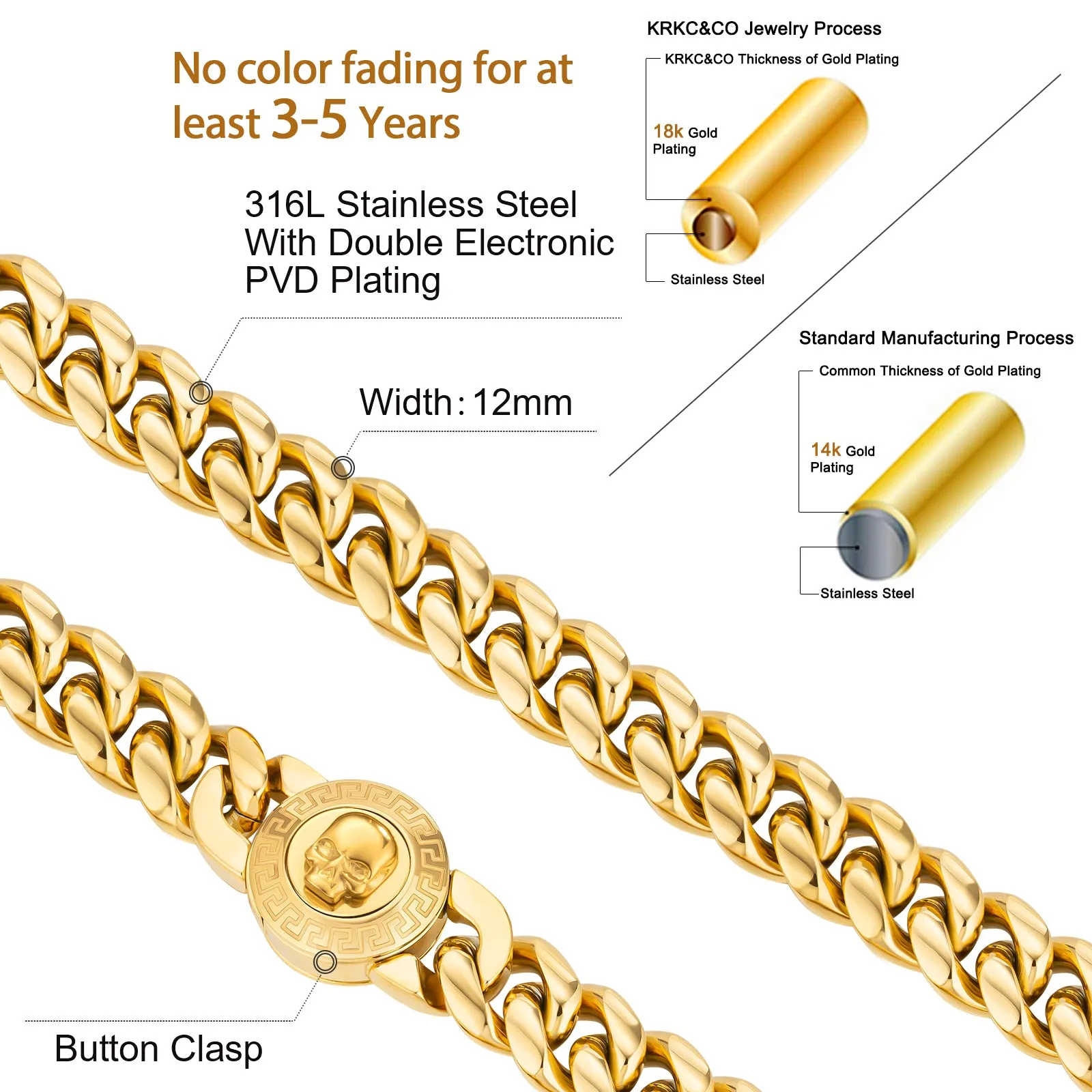 【NEW】12mm Miami Cuban Link Chain with SKULL Button Clasp