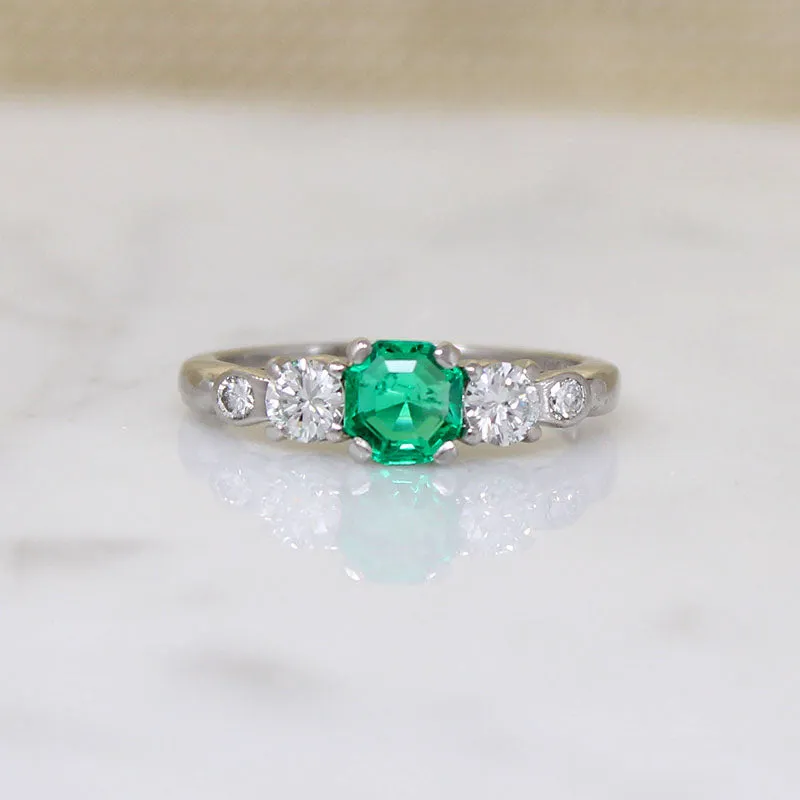 Octagonal Step Cut Emerald & Diamond Palladium Ring