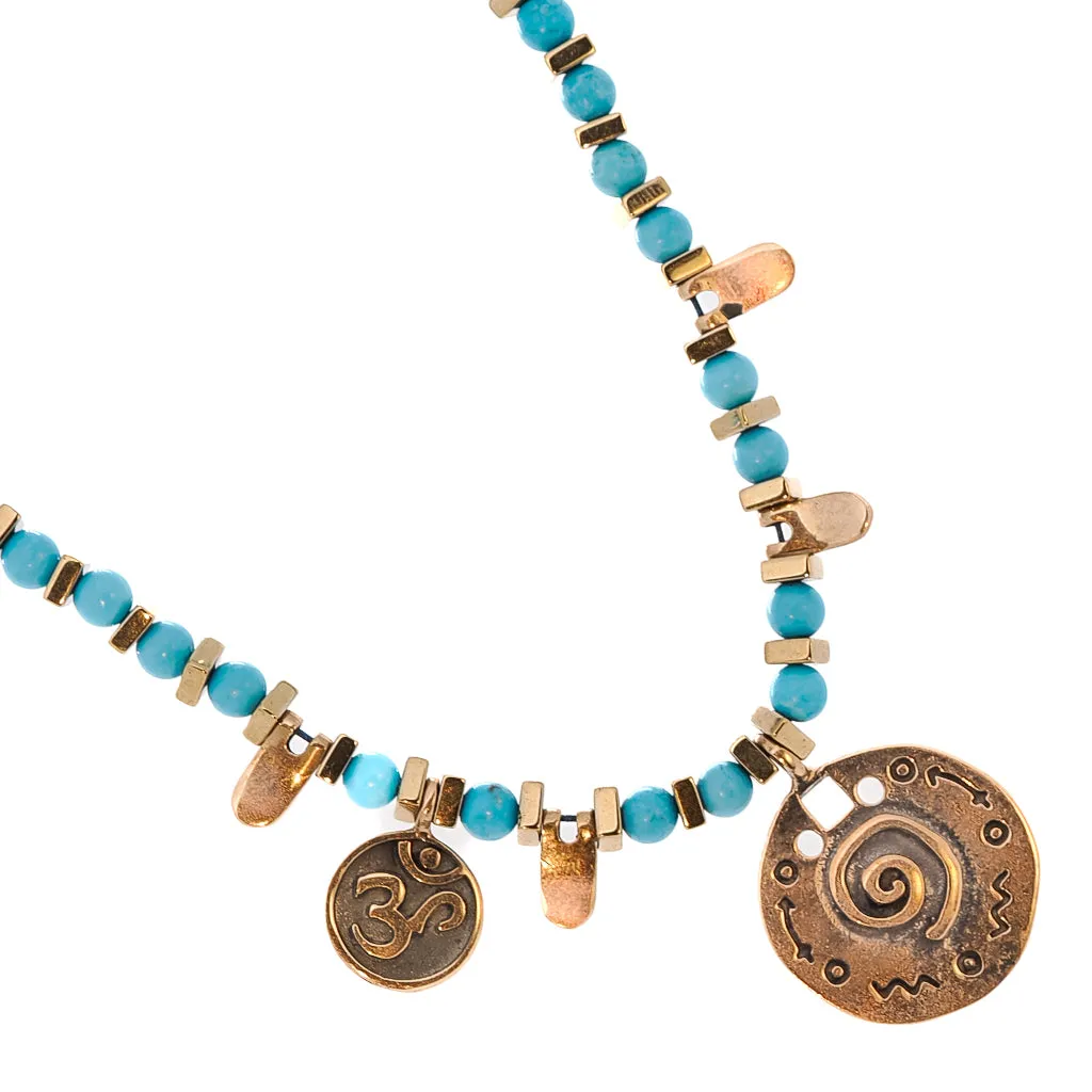Om & Spiral Charm Turquoise Beaded Choker Necklace