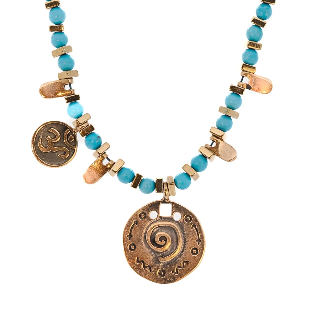 Om & Spiral Charm Turquoise Beaded Choker Necklace