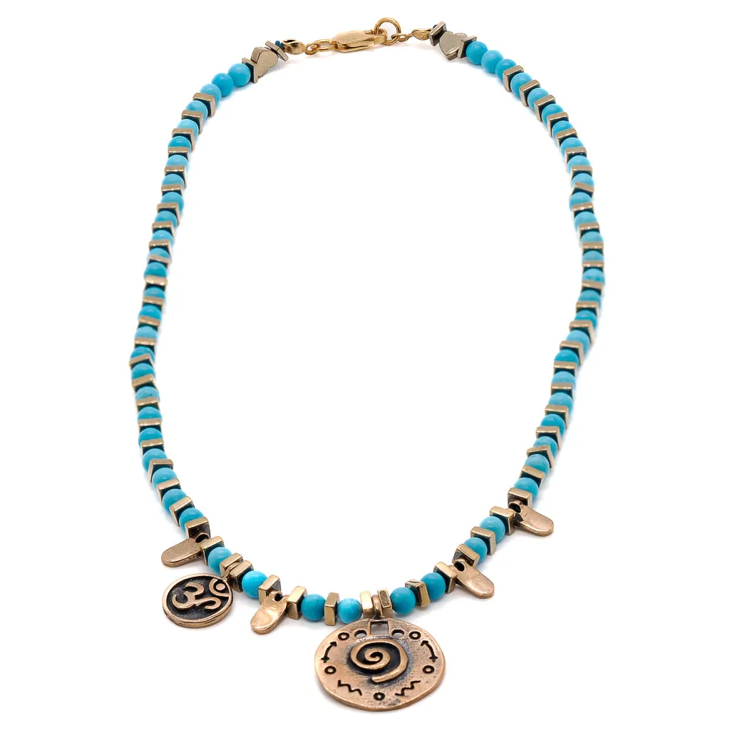 Om & Spiral Charm Turquoise Beaded Choker Necklace