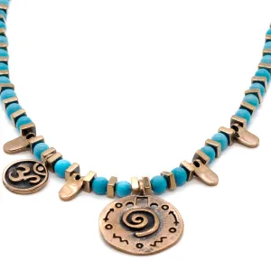Om & Spiral Charm Turquoise Beaded Choker Necklace