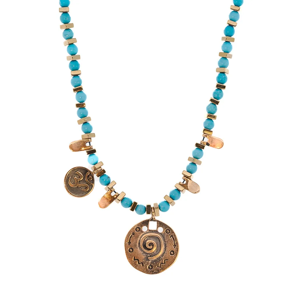 Om & Spiral Charm Turquoise Beaded Choker Necklace