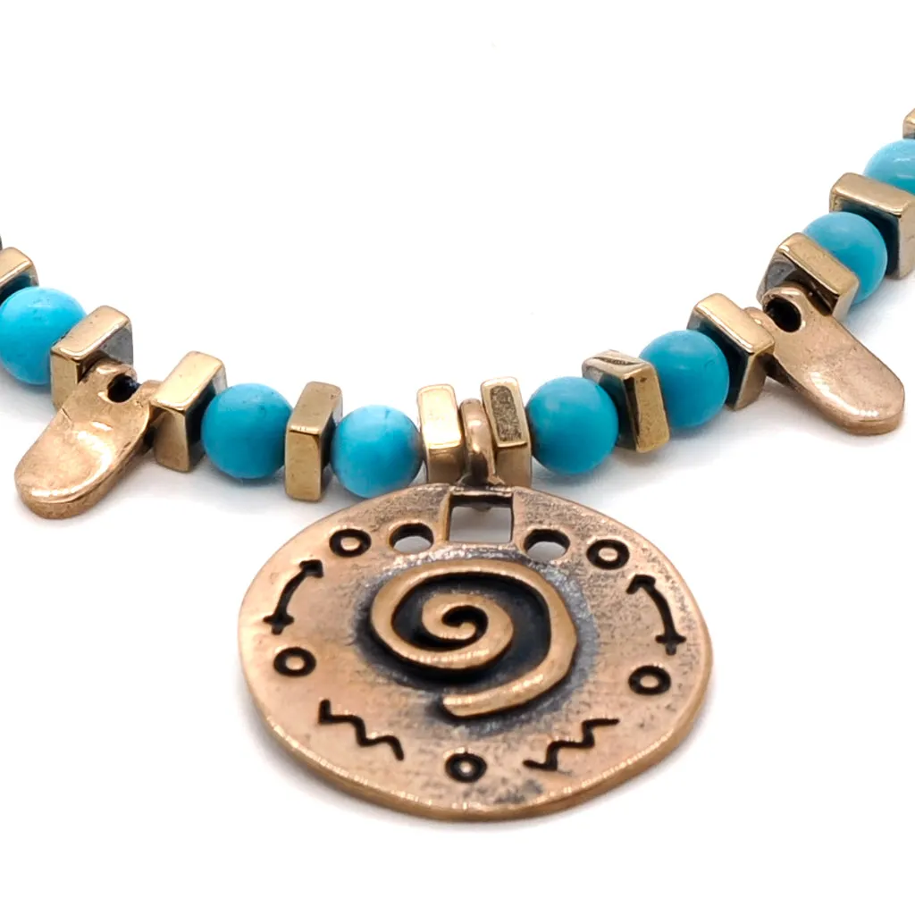 Om & Spiral Charm Turquoise Beaded Choker Necklace