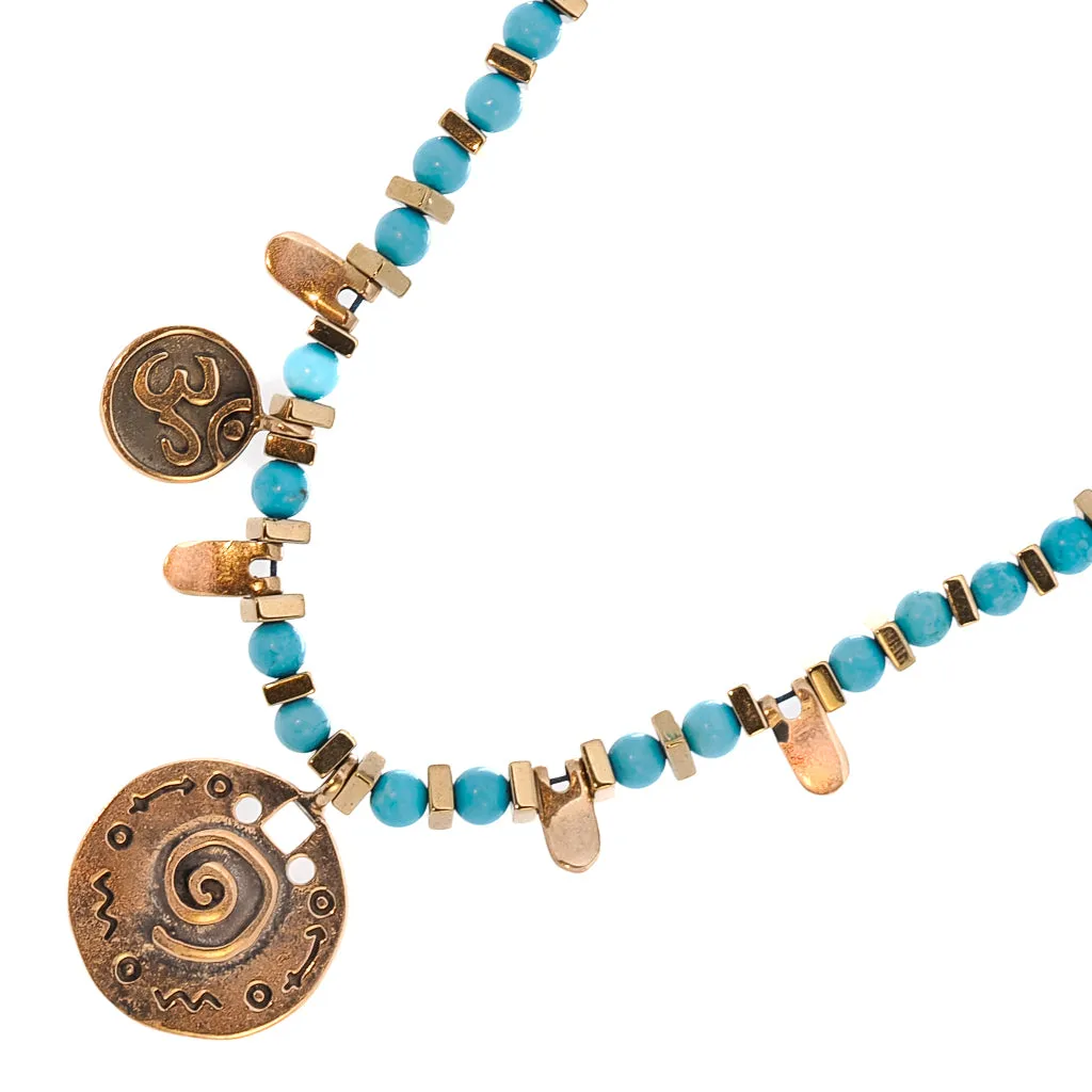 Om & Spiral Charm Turquoise Beaded Choker Necklace