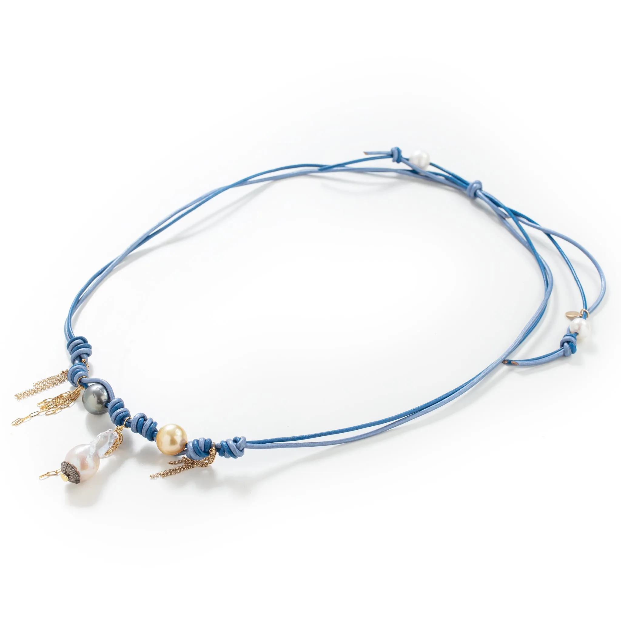 Ombre Blue Sky Rockstar Pearl, Diamond and Gold Chain Leather Necklace