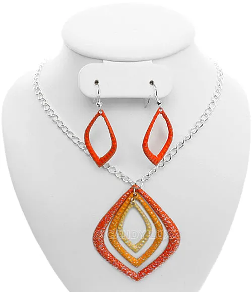 Orange Layered Glitter Teadrop Charm Necklace Set