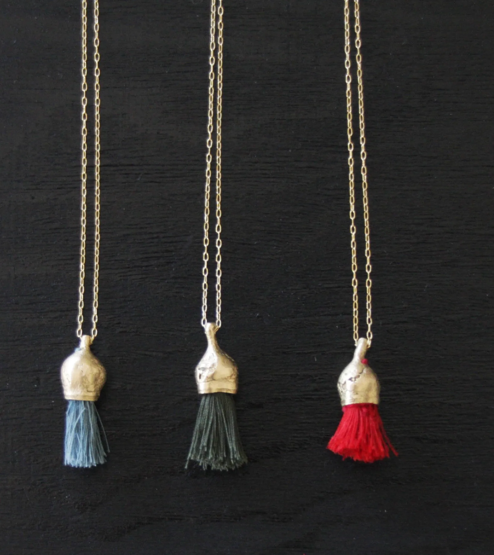 Organic And Cotton Tassel necklace, Gold And Cotton Pendant