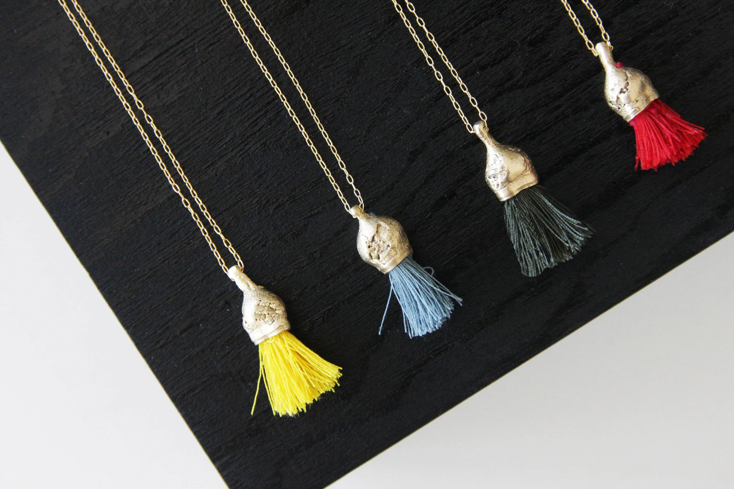 Organic And Cotton Tassel necklace, Gold And Cotton Pendant