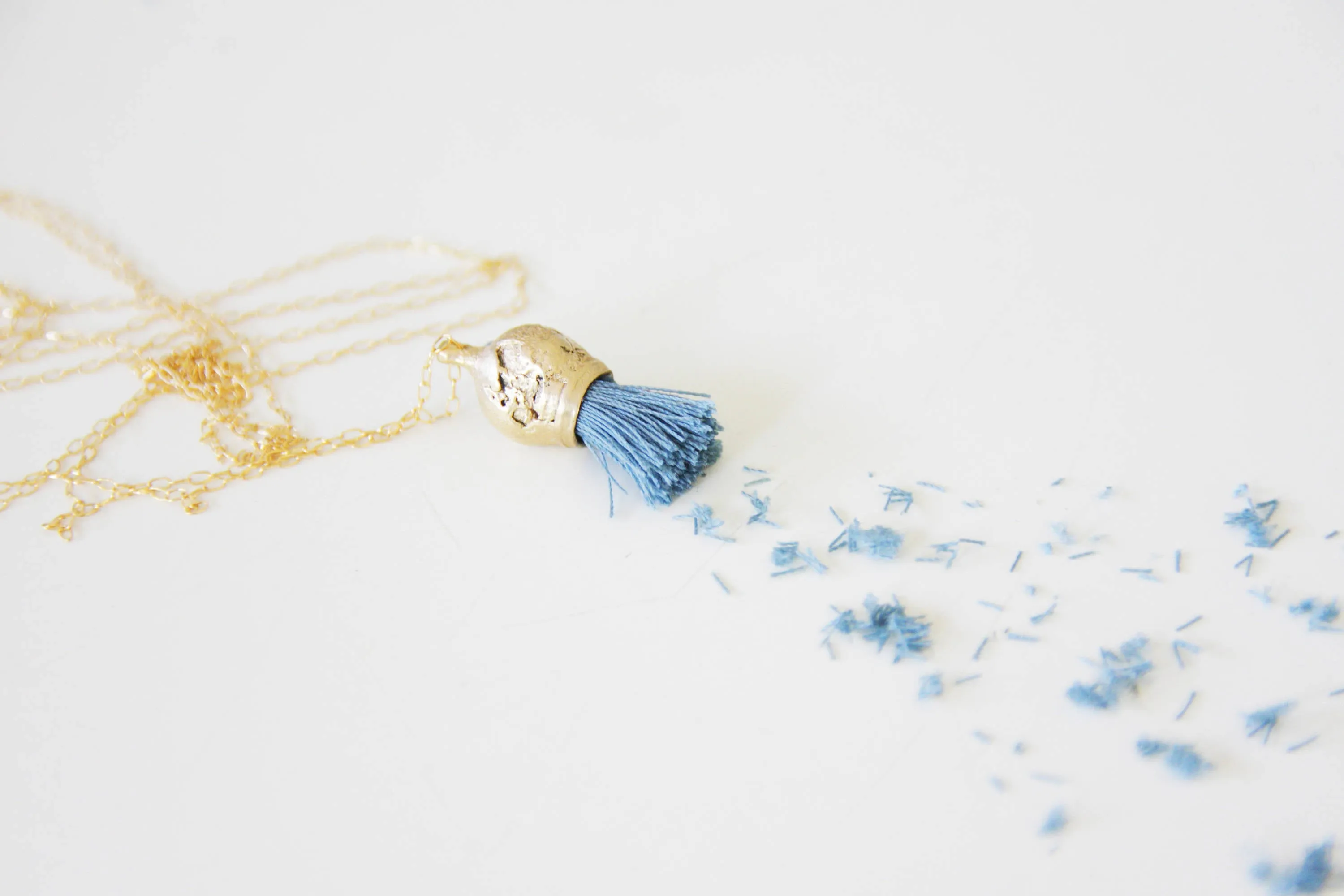 Organic And Cotton Tassel necklace, Gold And Cotton Pendant