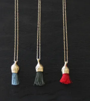 Organic And Cotton Tassel necklace, Gold And Cotton Pendant