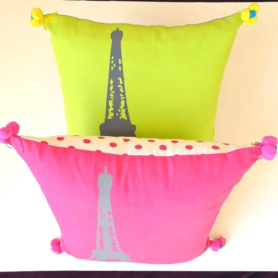 Pink or green Eiffel Tower print cushion