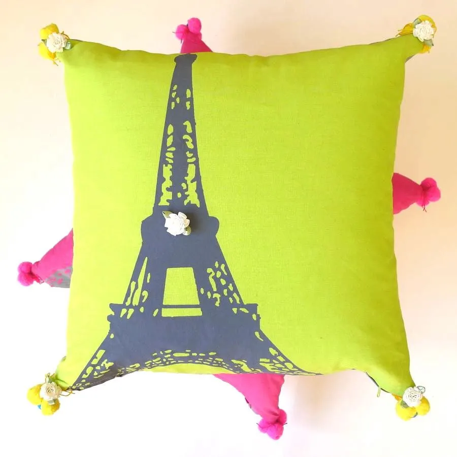 Pink or green Eiffel Tower print cushion
