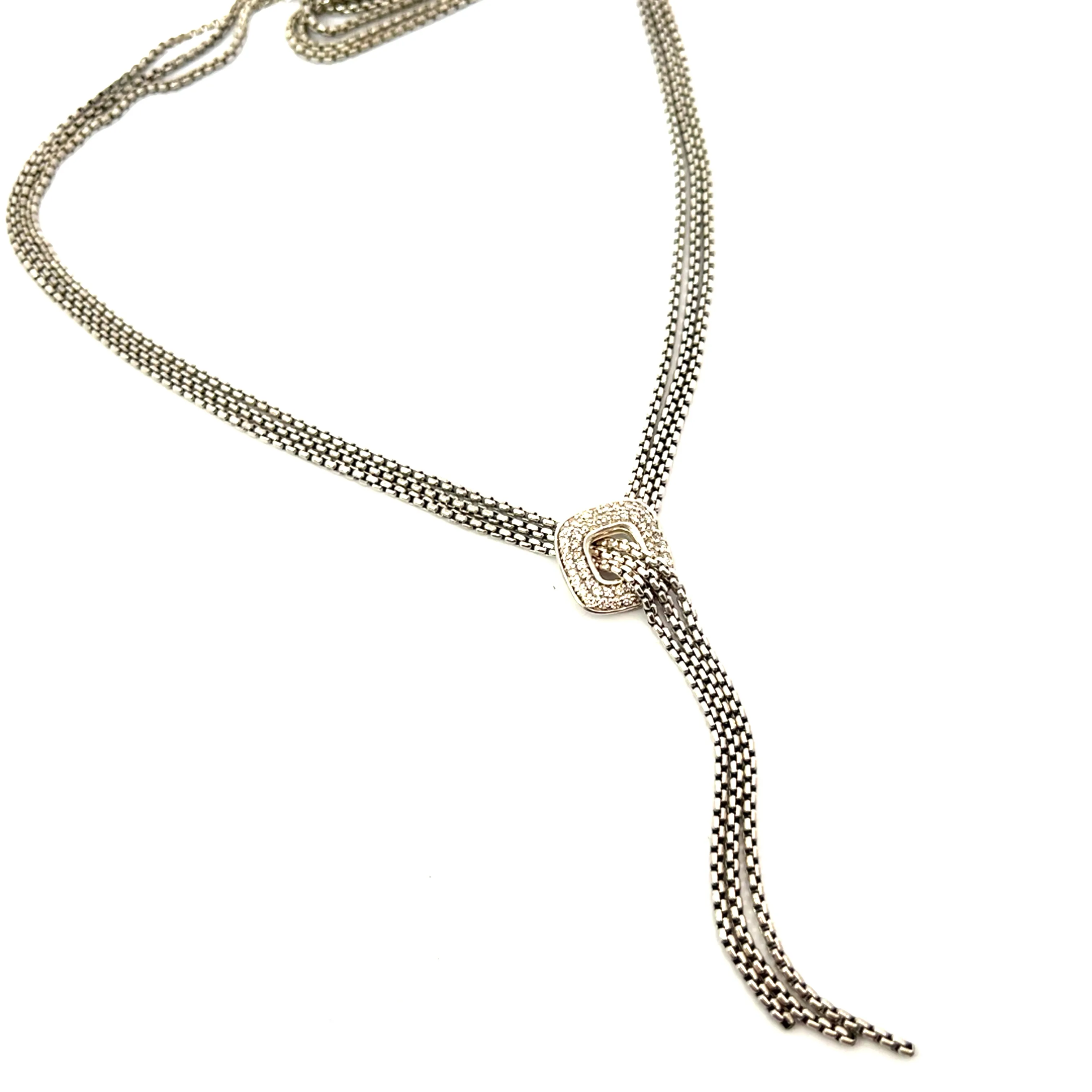 Pre Loved David Yurman 3-Strand Sterling Silver 925/Diamond Lariat Waterfall Tassel Necklace 16"