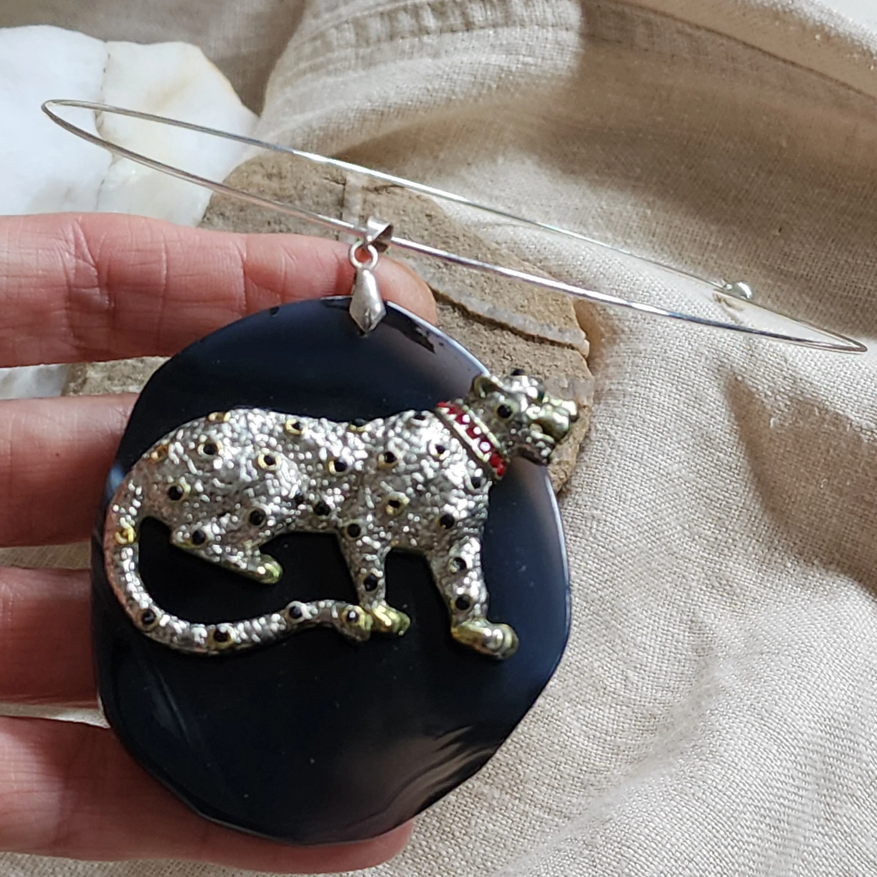 Propitiation / Artisan Boho Necklace Designer Jewelry Silver Tiger Pendant Natural Black Agate Stone Unique Necklace Gift For Lady