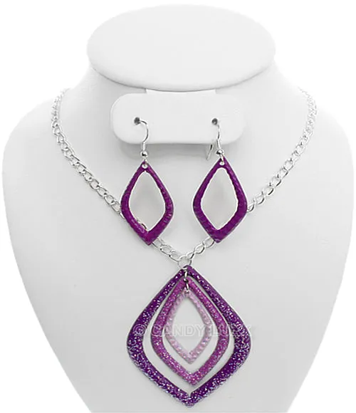 Purple Layered Glitter Teadrop Charm Necklace Set