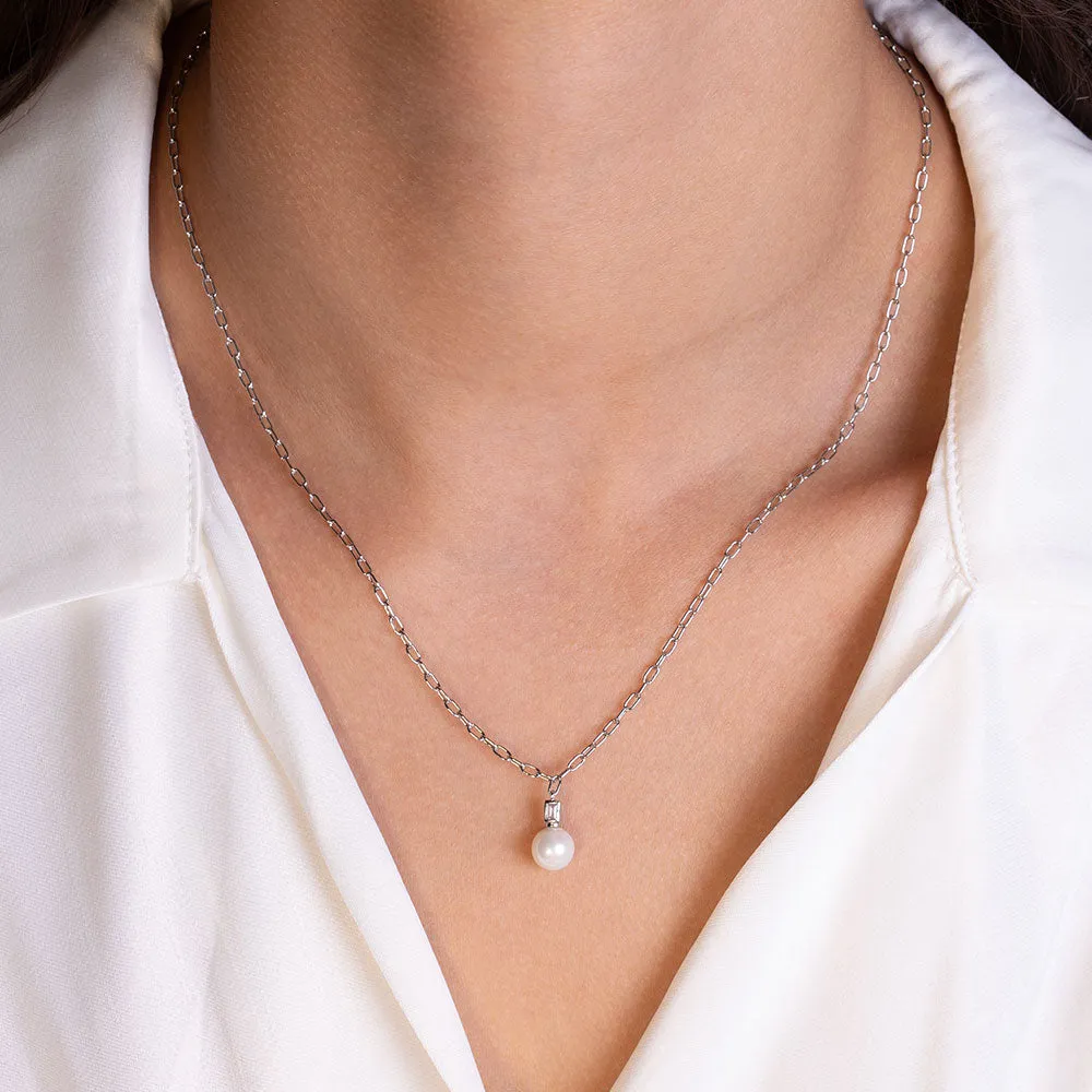 "Ariel" 0.2CTW Baguette & Pearl Pendant Necklace