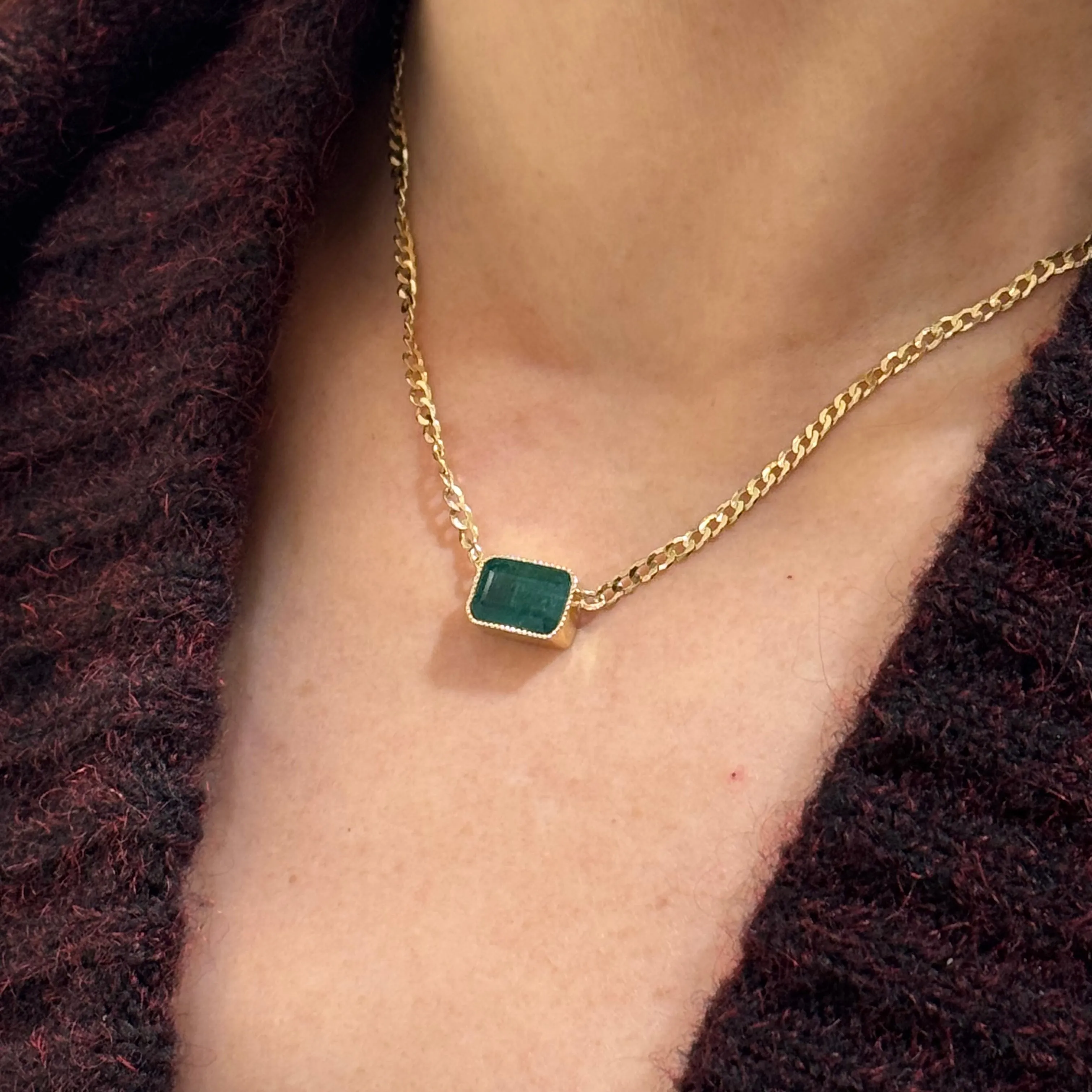 Rectangle Emerald Deep Bezel Pendant Necklace In 14K