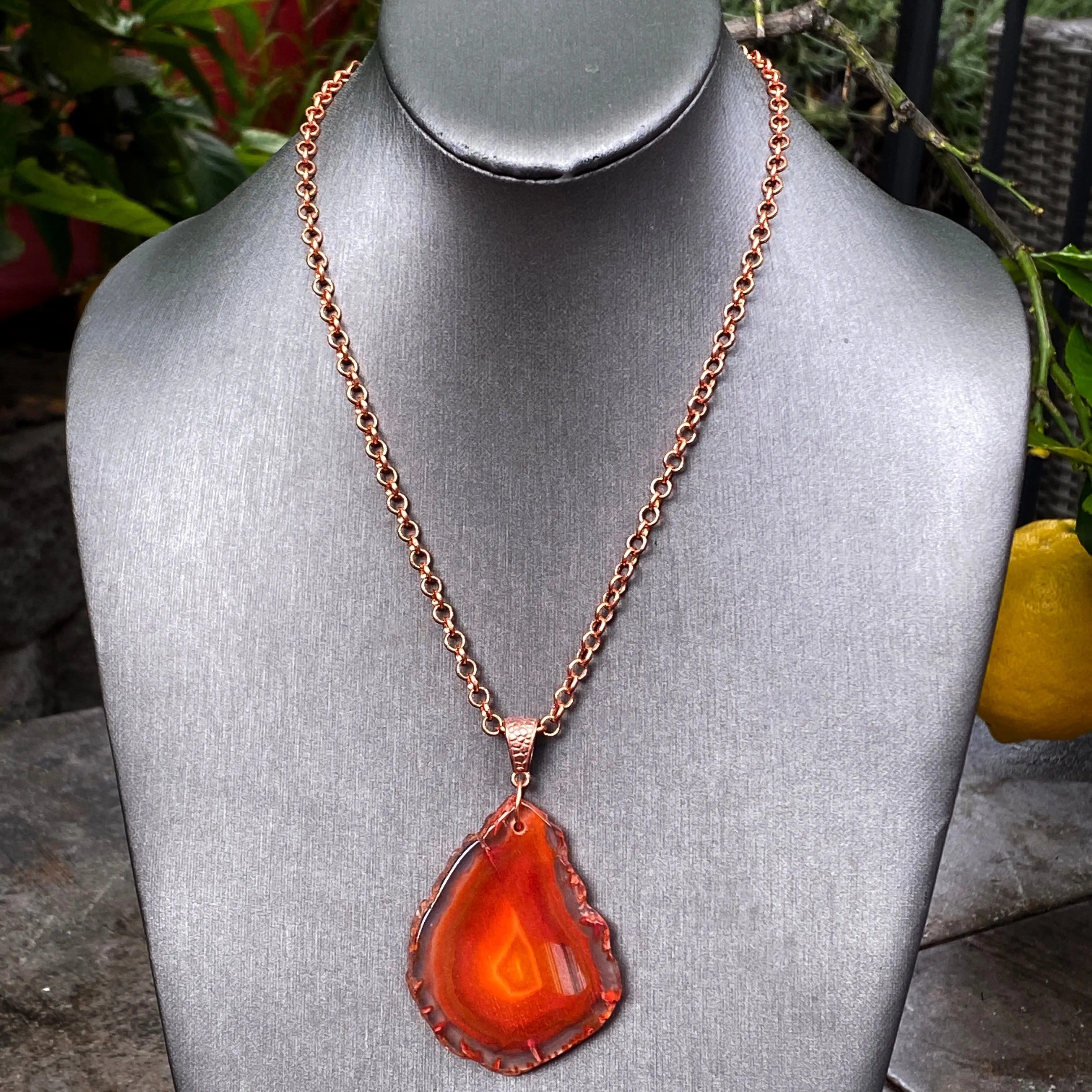 Red Agate gemstone pendant copper chain necklace