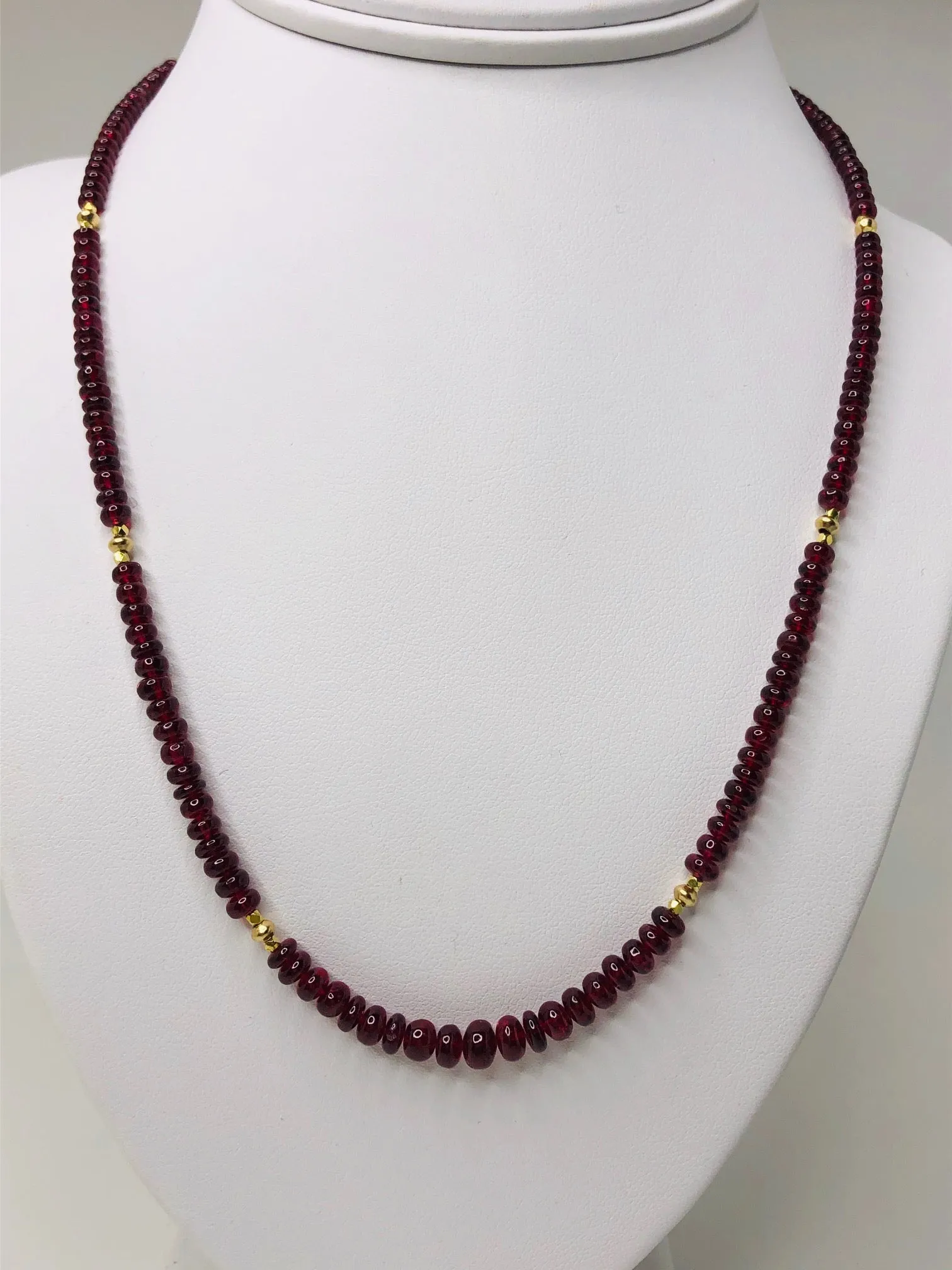 Red Spinel Bead Necklace with Yellow Gold Spacers, 19 Inches